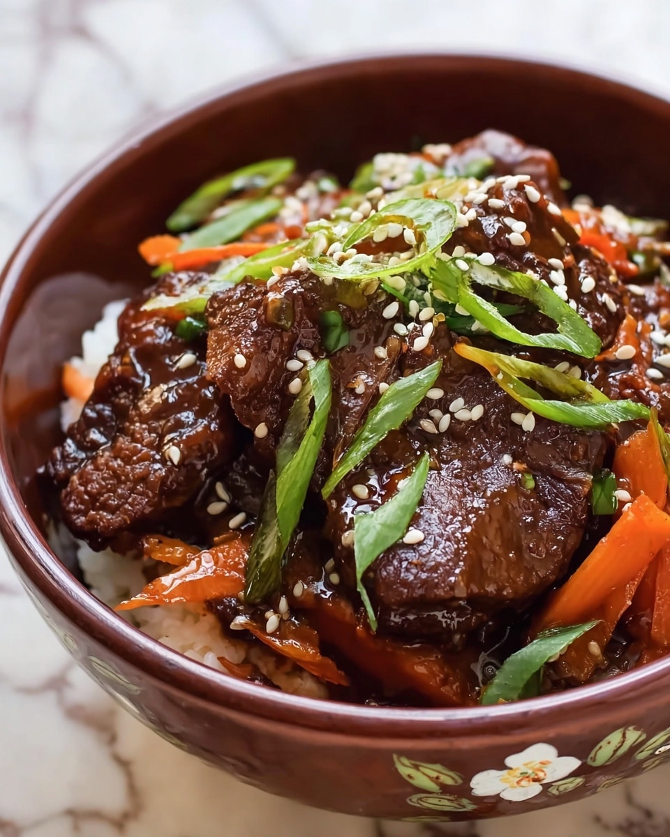 The image shows a close-up of a brown bowl filled with a layered dish. The bottom layer consists of white rice with a soft texture. On top of the rice, there are thick slices of dark brown meat covered in a shiny, rich sauce. Thin strips of orange carrots and slices of green onions are scattered around the meat, adding color and texture. White sesame seeds are sprinkled on top, giving small contrast to the dark meat. The bowl has a simple floral pattern on the outside, and the background is a white marbled surface. photo taken with an iphone --ar 4:5 --v 7