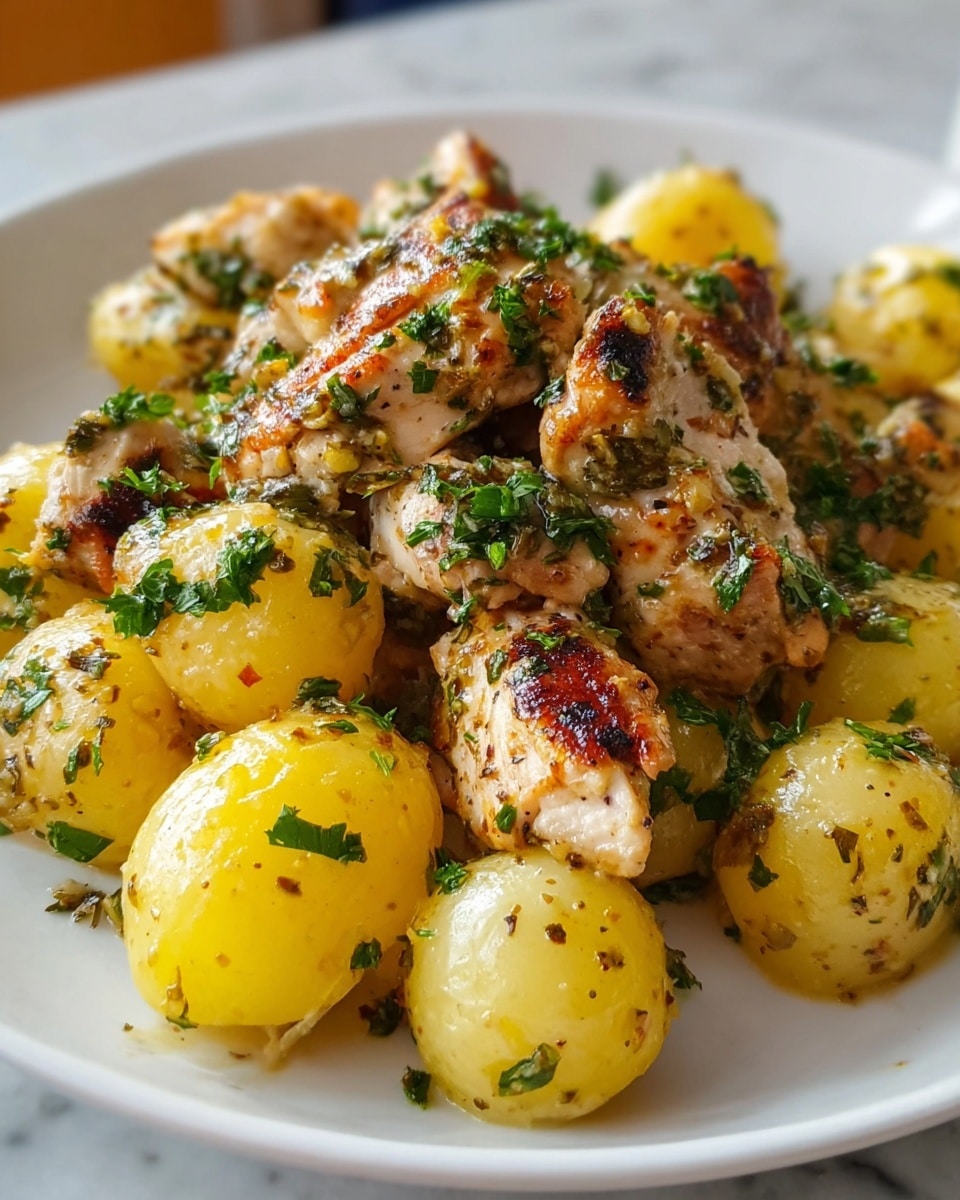 Irresistible Garlic Parmesan Crockpot Chicken in 6 Hours Recipe 5 The image shows a white plate filled with a warm dish featuring two main layers: a bottom layer of small, pale yellow potatoes with a soft texture, and a top layer of grilled chicken pieces that are golden brown with visible char marks. Both layers are covered in fresh green chopped herbs, adding a bright contrast and a sprinkle of seasoning. The food looks moist with a light coat of sauce that reflects gentle light. The edges of the plate and parts of the white marbled surface underneath are visible. Photo taken with an iphone --ar 4:5 --v 7