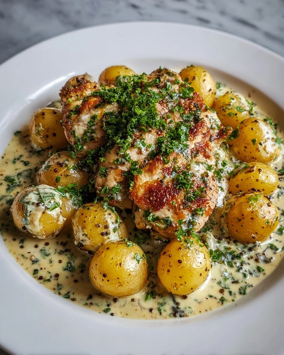 Irresistible Garlic Parmesan Crockpot Chicken in 6 Hours Recipe 6 The dish shows one main layer of golden brown cooked chicken pieces topped with fresh chopped green herbs, placed in the center of a white plate. Surrounding the chicken is a layer of small round yellow potatoes coated in a creamy sauce mixed with finely chopped green herbs and black pepper flakes. The creamy sauce pools slightly under the chicken and potatoes, giving a moist and rich look to the dish. The white plate is set on a white marbled surface, and the photo is taken with an iphone --ar 4:5 --v 7