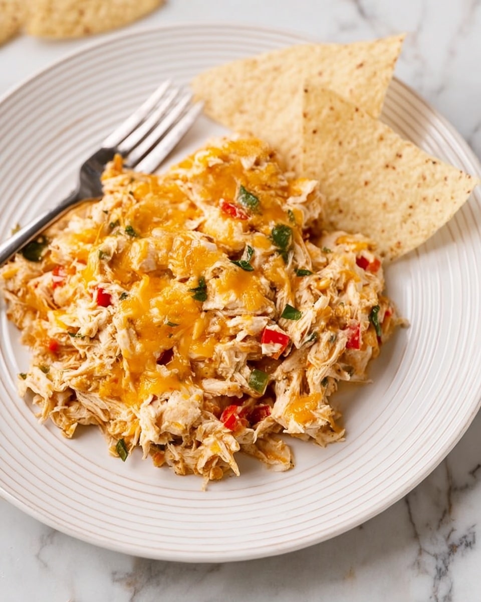 A close-up view of a baked casserole in a white rectangular dish, showing one main layer covered with melted yellow and white cheese scattered evenly on top. Within the cheese, there are small chunks of red and green bell peppers and white shredded chicken pieces visible throughout. The edges of the casserole reveal a browned, crispy crust underneath the cheese toppings. The dish is placed on a wooden surface with a small white bowl filled with shredded cheese and a red, white, and green striped cloth napkin nearby. Photo taken with an iphone --ar 4:5 --v 7