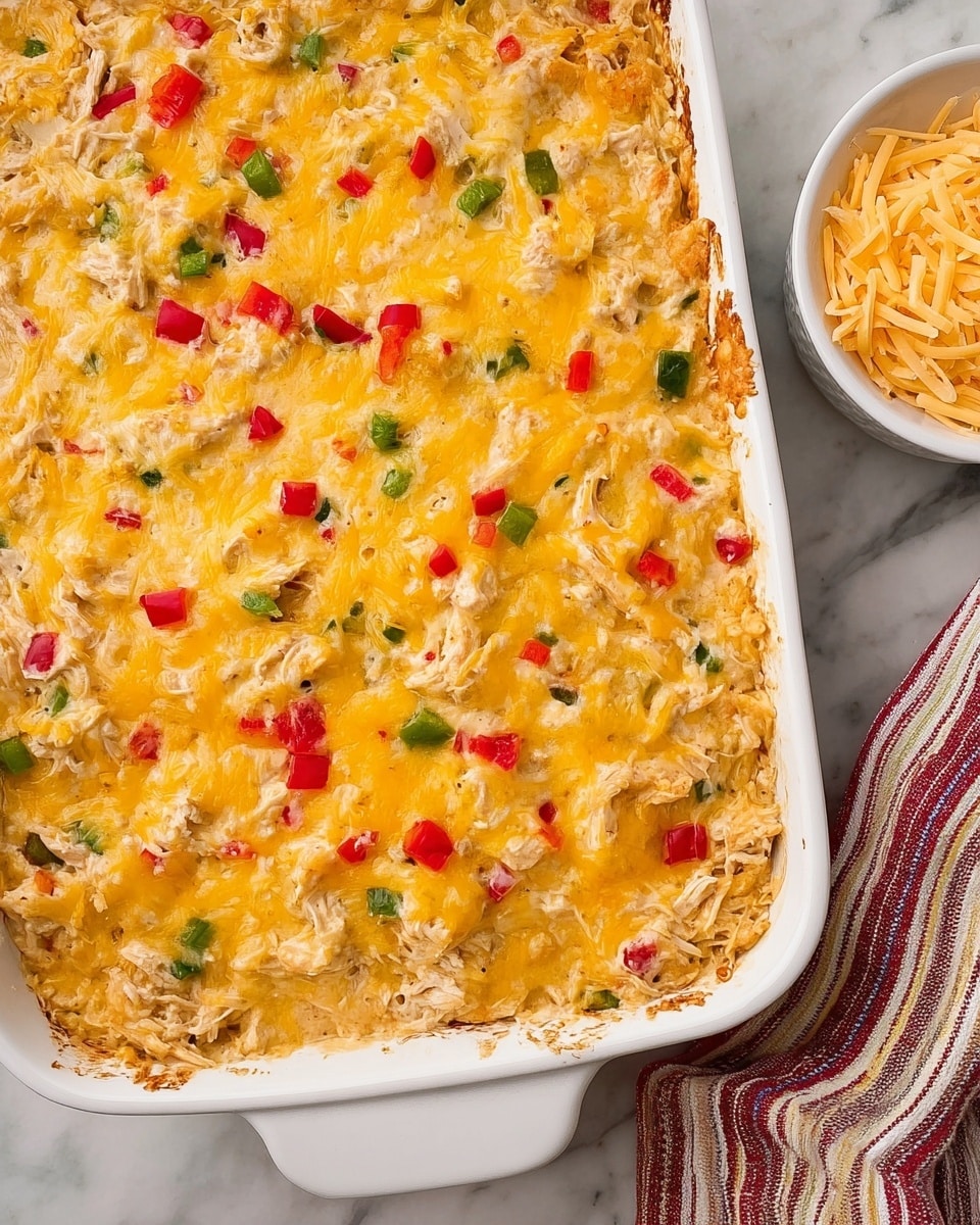 A white plate holds a dish layered with shredded chicken mixed with melted yellow and white cheese, small pieces of red and green peppers scattered throughout. The chicken looks soft and mixed well with the creamy cheese, creating a textured, slightly chunky layer that fills most of the plate. Two large, triangular, pale yellow tortilla chips are placed behind the chicken, resting on the same white plate. The setting features a white marbled surface beneath the plate. photo taken with an iphone --ar 4:5 --v 7