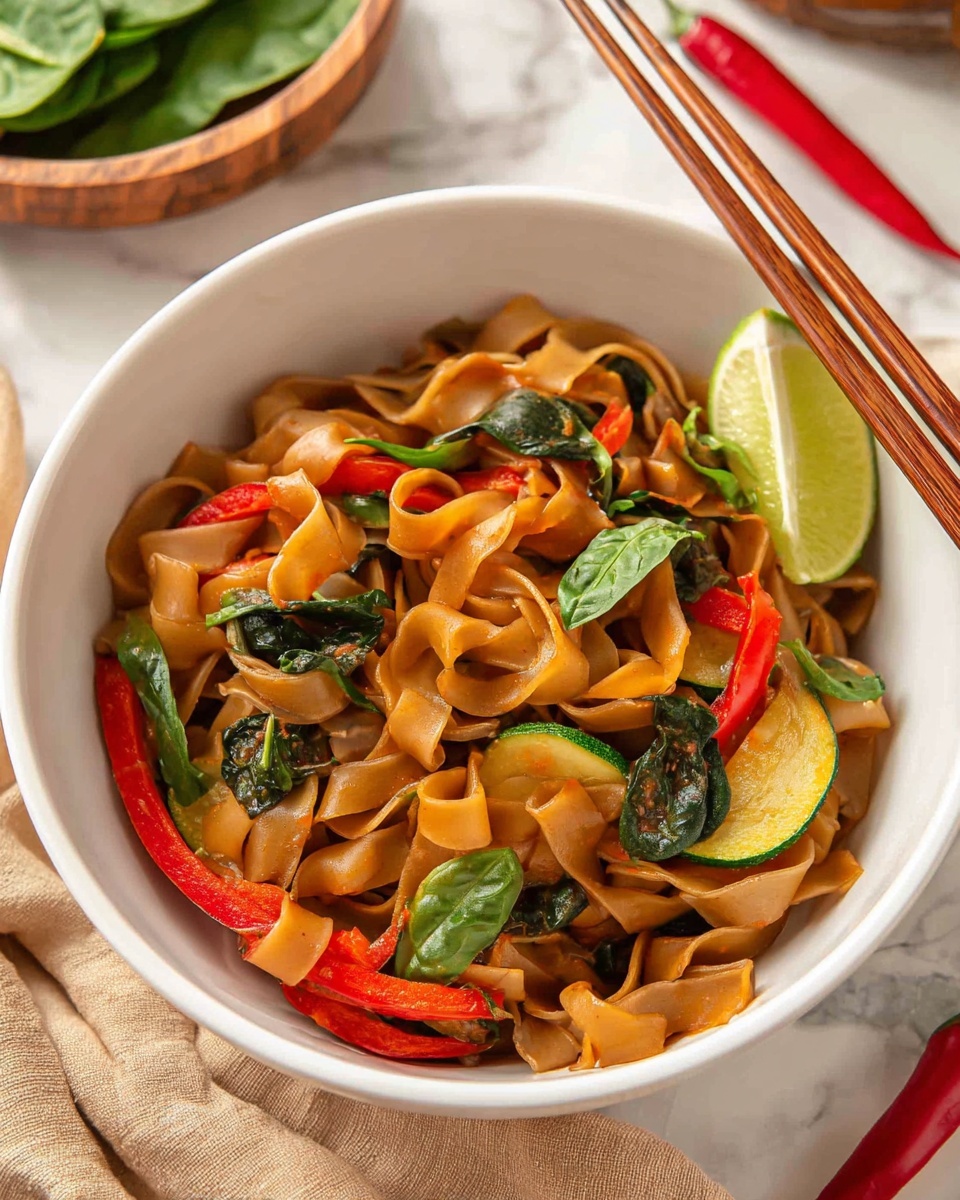The image shows two white bowls filled with wide, light brown noodles mixed with bright red pepper strips, dark green basil leaves, and sliced green zucchini with yellow centers. One bowl is placed on a wooden board over a beige cloth with a pair of light brown chopsticks beside it. Both bowls have lime wedges on top of the noodles. Between the bowls, there is a small bowl with fresh green basil leaves. Around the bowls, there are halved limes, whole red chili peppers, and a cup of dark sauce, all set on a white marbled surface. The photo taken with an iphone --ar 4:5 --v 7