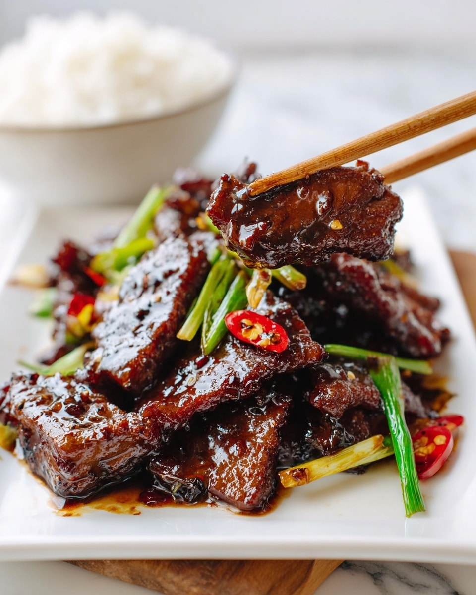 The dish shows many pieces of dark brown, shiny meat with a sticky texture, layered thickly on a white plate. There are whole dried red chilies scattered among the meat, adding a deep red contrast. Green onion segments with both white and green parts are mixed throughout, giving fresh green and white colors. A pair of wooden chopsticks holds a piece of meat on top, pointing to the left side. The background is a soft white marbled texture, and the overall scene looks bright and close-up. photo taken with an iphone --ar 4:5 --v 7