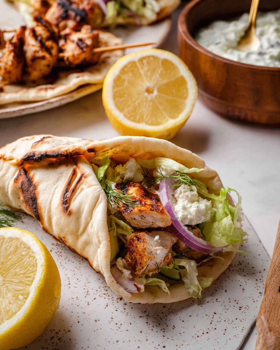 A flat round pita bread with light brown spots is folded into a wrap and held by a woman's hand on the right side. Inside the wrap, the first layer is green shredded lettuce, topped with chunks of grilled chicken with a slightly charred, golden brown exterior. There are crumbles of white cheese and thin slices of purple onion resting on top of the chicken. The wrap sits on a small wooden board placed on a white marbled surface. In the background on the left, there is a white plate with grilled chicken skewers, and several lemon wedges are near the board. Scattered pieces of lettuce, onion, and fresh green herbs are also visible on the white marbled surface. photo taken with an iphone --ar 4:5 --v 7