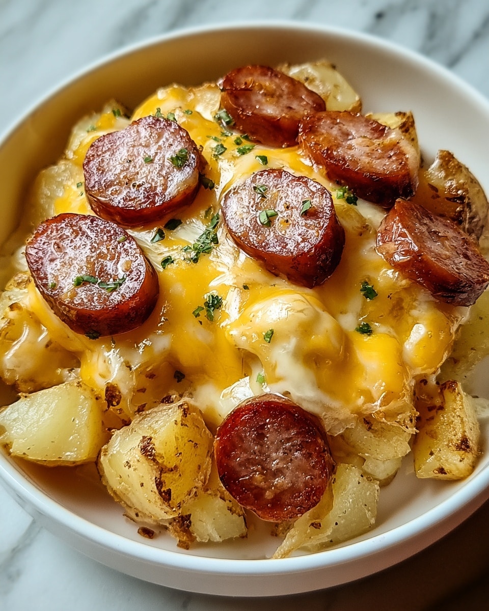 A white bowl filled with two main layers: the bottom layer has golden-brown small potato pieces with a slightly crispy and roasted texture, and the top layer is melted cheese that is creamy white, stringy, and spread unevenly, covering the potatoes and round, browned sausage slices with a smooth, shiny surface. Some green herbs are sprinkled lightly over the melted cheese, adding small dots of green color. The bowl sits on a white marbled surface. Photo taken with an iphone --ar 4:5 --v 7