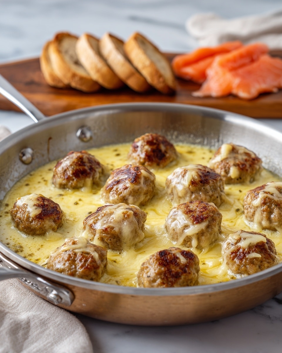 A round metal pan filled with about eighteen browned meatballs swimming in a creamy light beige sauce with some melted cheese sprinkled on top. The meatballs have a rough texture with some darker spots from cooking. Around the edges of the pan, the sauce is thicker with more melted cheese. Below the pan, there is a white plate with two pieces of toasted bread, golden brown on the outside with a soft inside. The whole scene sits on a white marbled surface with a striped cloth partially visible under the pan. photo taken with an iphone --ar 4:5 --v 7