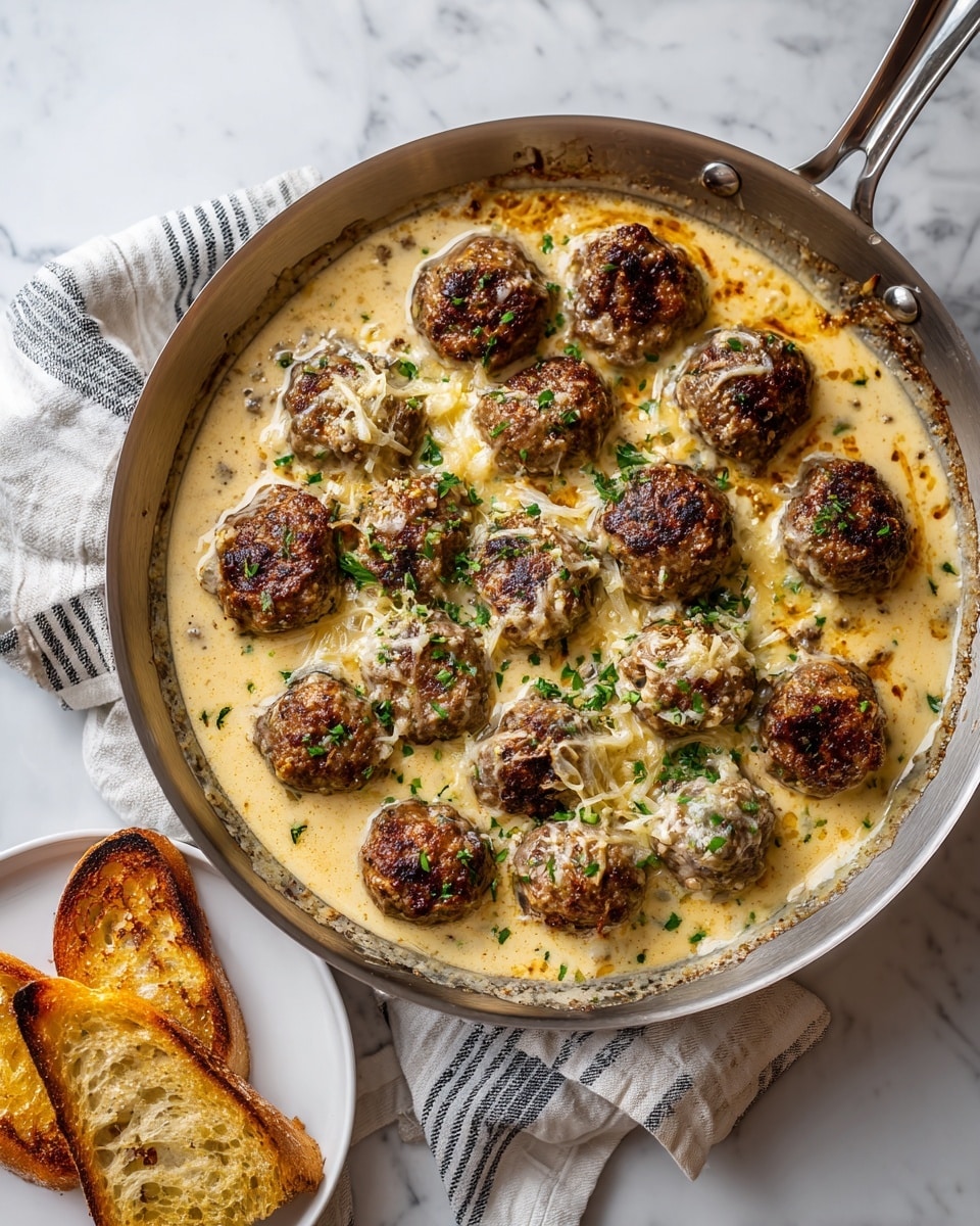 A silver pan filled with 15 round meatballs covered in melted cheese, sitting in a light yellow, creamy sauce. The meatballs have a browned, textured surface with thin cheese strands melting on top. In the background, there is a wooden board holding slices of toasted bread and a piece of salmon. The scene is set on a white marbled surface with a white cloth partially visible behind the pan. Photo taken with an iphone --ar 4:5 --v 7