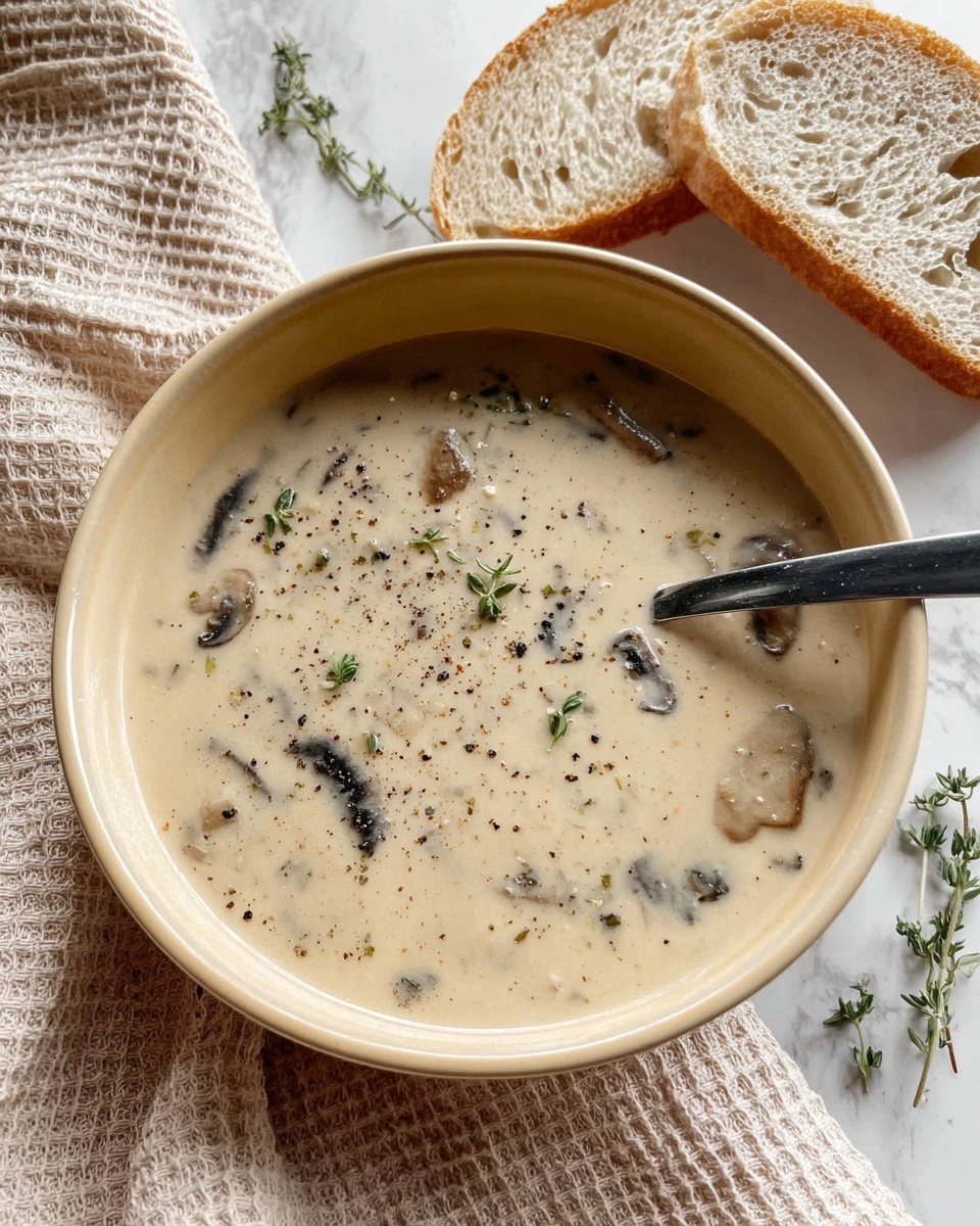 A close-up image of a creamy mushroom soup in a white bowl, showing a spoonful held above the bowl. The soup is light beige with a smooth texture and contains sliced mushroom pieces that are light brown with darker edges. Small black pepper specks and green herb bits are scattered throughout the soup. The background has a white marbled texture, and slices of bread with golden brown crusts are partially visible at the top edge of the image. photo taken with an iphone --ar 4:5 --v 7