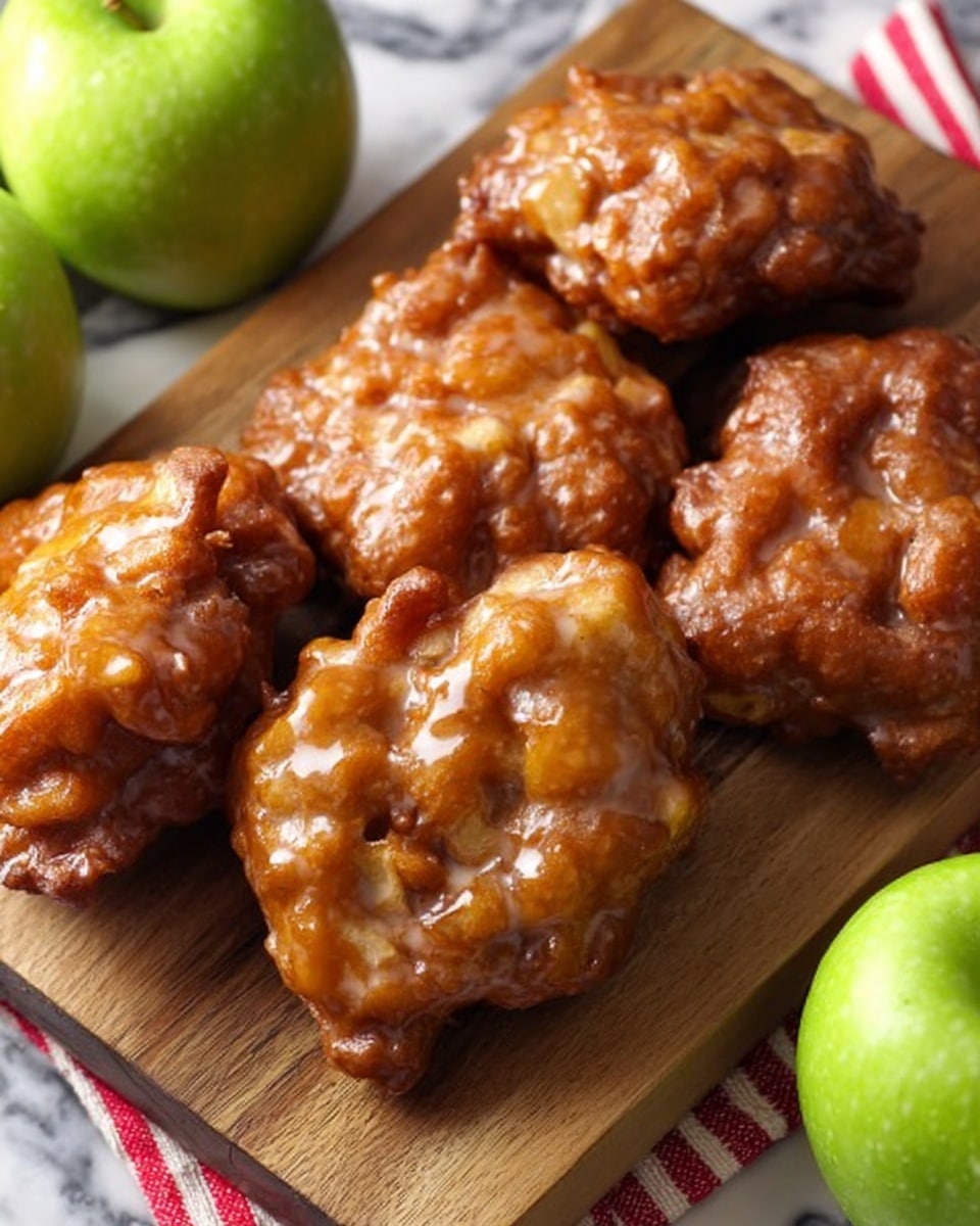Apple Fritters with Vanilla Glaze Recipe 5 A close-up image of shiny, glazed apple fritters with a rough, uneven surface texture, showing small apple chunks embedded within. The fritters are a warm golden brown color with soft white glaze drizzled unevenly on top, giving them a slightly sticky look. They sit on a rustic brown wooden board, with more fritters blurred softly in the background. The whole scene is set on a white marbled surface, with a glimpse of a red and white checkered cloth in the corner. photo taken with an iphone --ar 4:5 --v 7