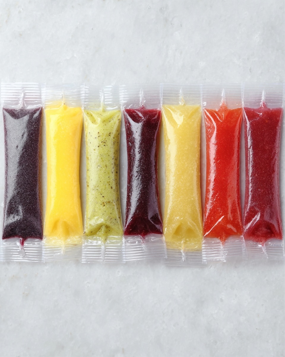 Refreshing Fruit Ice Pops Recipe 5 The image shows eight clear plastic pouches filled with different frozen fruit juices or purees, arranged in a straight horizontal line on a white marbled surface. Each pouch is sealed and has a V-shaped notch at the bottom. The colors of the contents from left to right are dark purple, pale yellow, bright yellow, light green with small dark specks, bright red, dark purple, pale yellow, and bright red. The texture inside each pouch looks smooth and icy. photo taken with an iphone --ar 4:5 --v 7