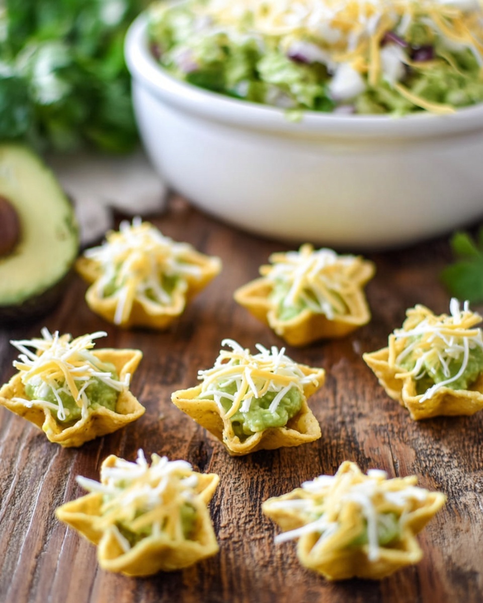 Cheesy Avocado Guacamole Recipe 5 The image shows small star-shaped corn chips arranged on a rustic wooden surface. Each chip holds three visible layers: the base layer is the pale-yellow chip, next is a light green creamy guacamole filling with a smooth texture, and the top layer is a mix of shredded light yellow and white cheese sprinkled unevenly over the guacamole. In the background, there is a large white bowl filled with more guacamole topped with shredded cheese, with some green leafy herbs nearby. The setting is bright and fresh, and the focus is mainly on the front chips. photo taken with an iphone --ar 4:5 --v 7
