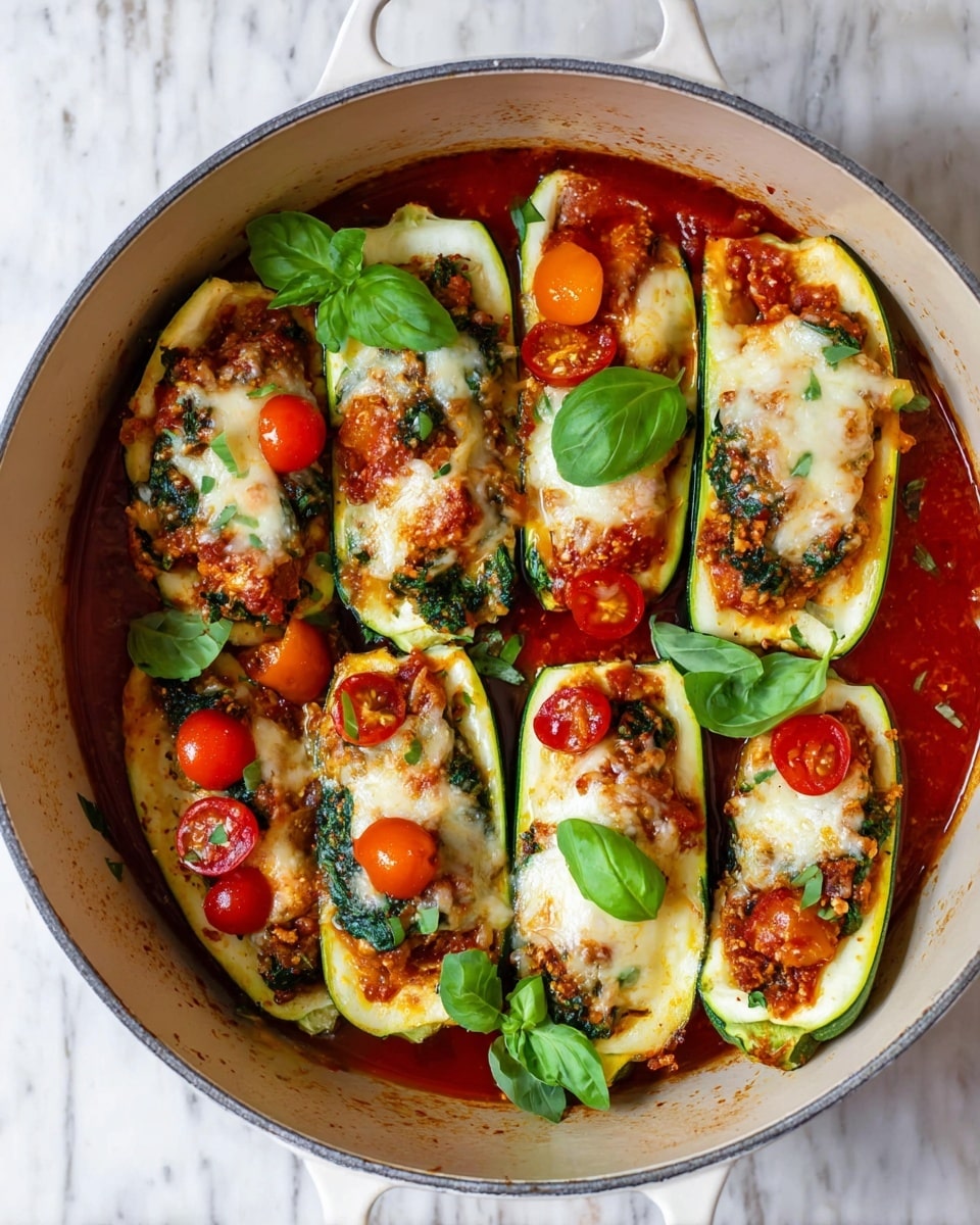 Cheesy Stuffed Zucchini Boats Recipe 5 A white round pot contains seven zucchini halves filled with layers. The bottom layer is a bright red tomato sauce covering the base. Each zucchini half has a green outer skin and pale green inside with a topping of a brown chunky vegetable mix, soft white cheese dollops, and small spinach leaves scattered on top. Bright red and orange cherry tomato pieces and fresh green basil leaves decorate the top. A silver spoon with a reddish-brown wooden handle rests inside the pot, slightly covered by the ingredients. The pot is placed on a white marbled surface with a white cloth partially visible in the background photo taken with an iphone --ar 4:5 --v 7