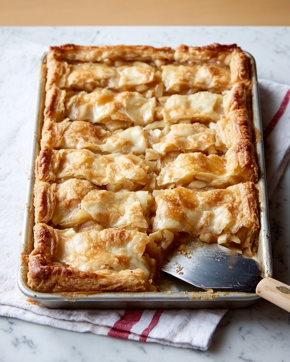 The image shows a close-up of a slice of apple pie being lifted from a white tray on a white marbled surface. The pie has two thick layers of flaky, golden-brown crust on the top and bottom, with visible layers of tender, soft apple pieces inside that have a light brown, slightly juicy texture. The edges of the crust are crimped, and the top crust has a slightly uneven, homemade look with some crisp, flaky bits. The background shows the rest of the pie in the tray, partially blurred. Photo taken with an iphone --ar 4:5 --v 7