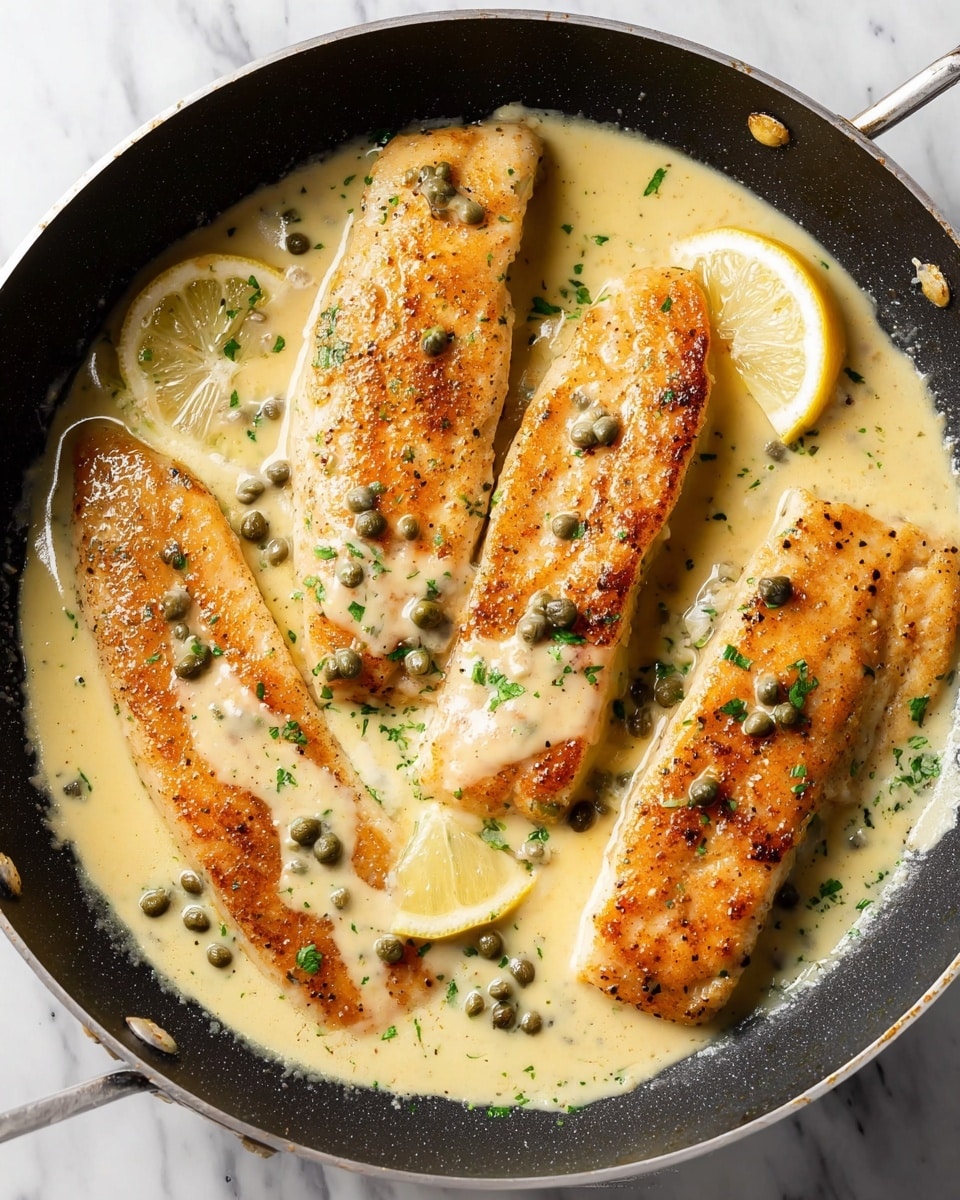 The image shows four golden brown fish fillets in a black pan filled with a creamy light yellow sauce. The sauce has small green herbs and capers scattered on top, with a lemon wedge placed near the top fillet. The pan is set on a white marbled surface, and the sauce has a smooth texture that partly covers the fish fillets, highlighting their crispy edges. Photo taken with an iphone --ar 4:5 --v 7