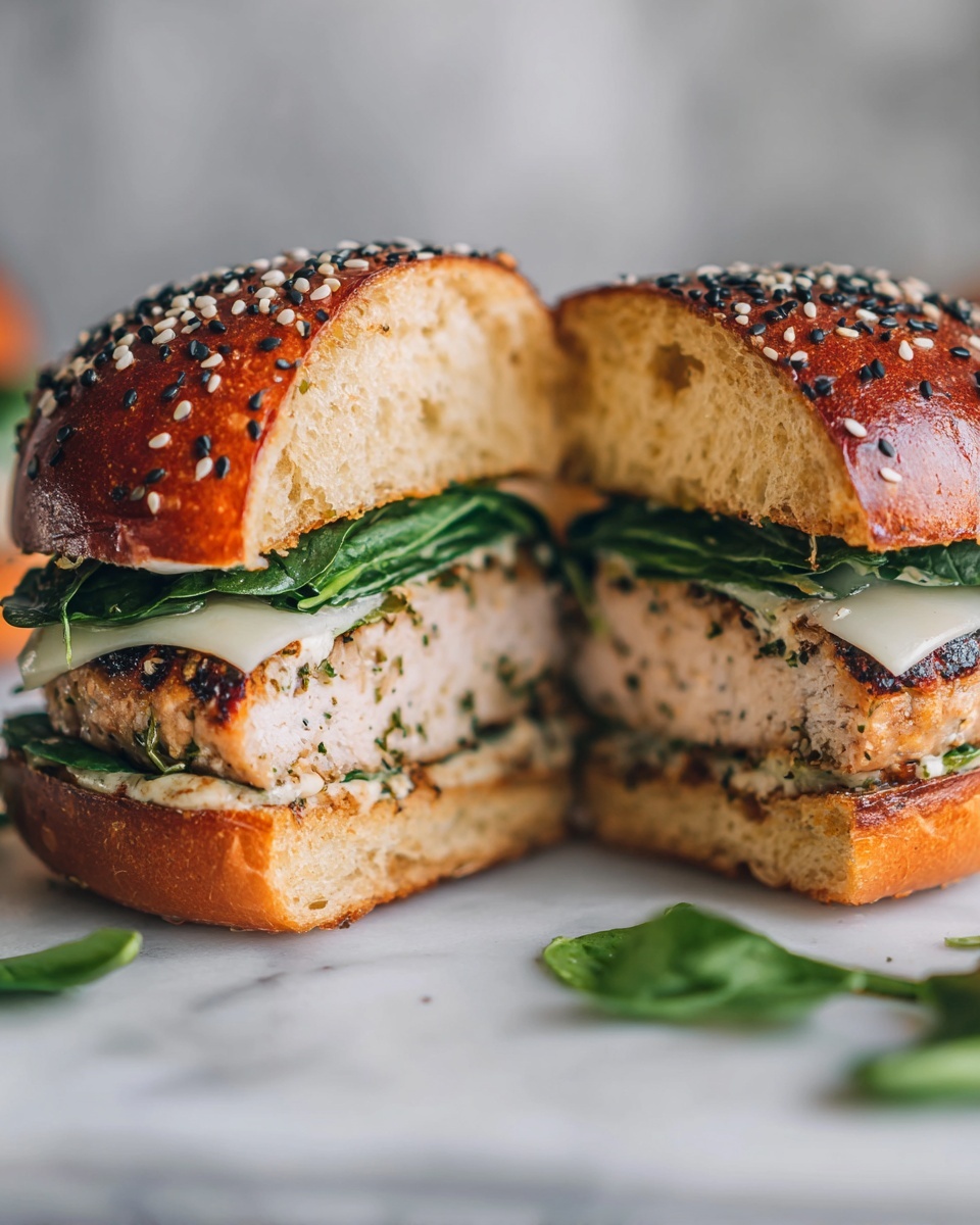 A close-up of a sandwich with a shiny, golden brown bun sprinkled with white and black sesame seeds on top. The sandwich has four layers: at the bottom is a soft, lightly toasted bun, next comes a bed of fresh, dark green spinach leaves, followed by a thick, lightly browned chicken patty with visible green herbs mixed in. On top of the chicken patty is a slice of melted white cheese that slightly drapes over the patty's edge. The sandwich sits on a white marbled surface with a few spinach leaves scattered around. Photo taken with an iphone --ar 4:5 --v 7