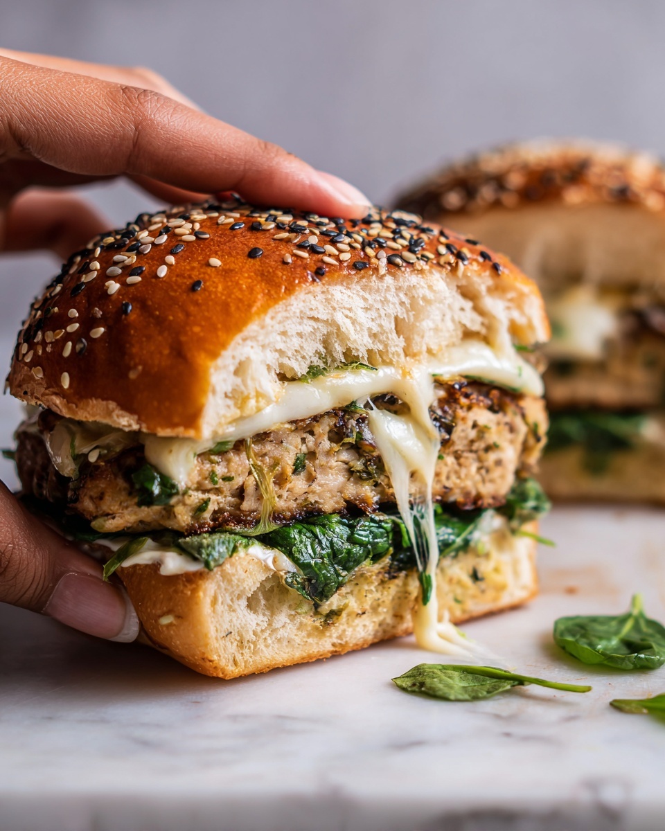 A close-up view of a sandwich with three main layers inside a shiny, golden brown, soft bun. The bottom layer is fresh dark green leafy spinach sitting on the bun, the middle layer is a thick patty with a light golden-brown crust and bits of melted white cheese and green herbs mixed in, and the top is the glossy bun slightly pressed down onto the patty. The sandwich is served on a white plate on a white marbled surface. Photo taken with an iphone --ar 4:5 --v 7