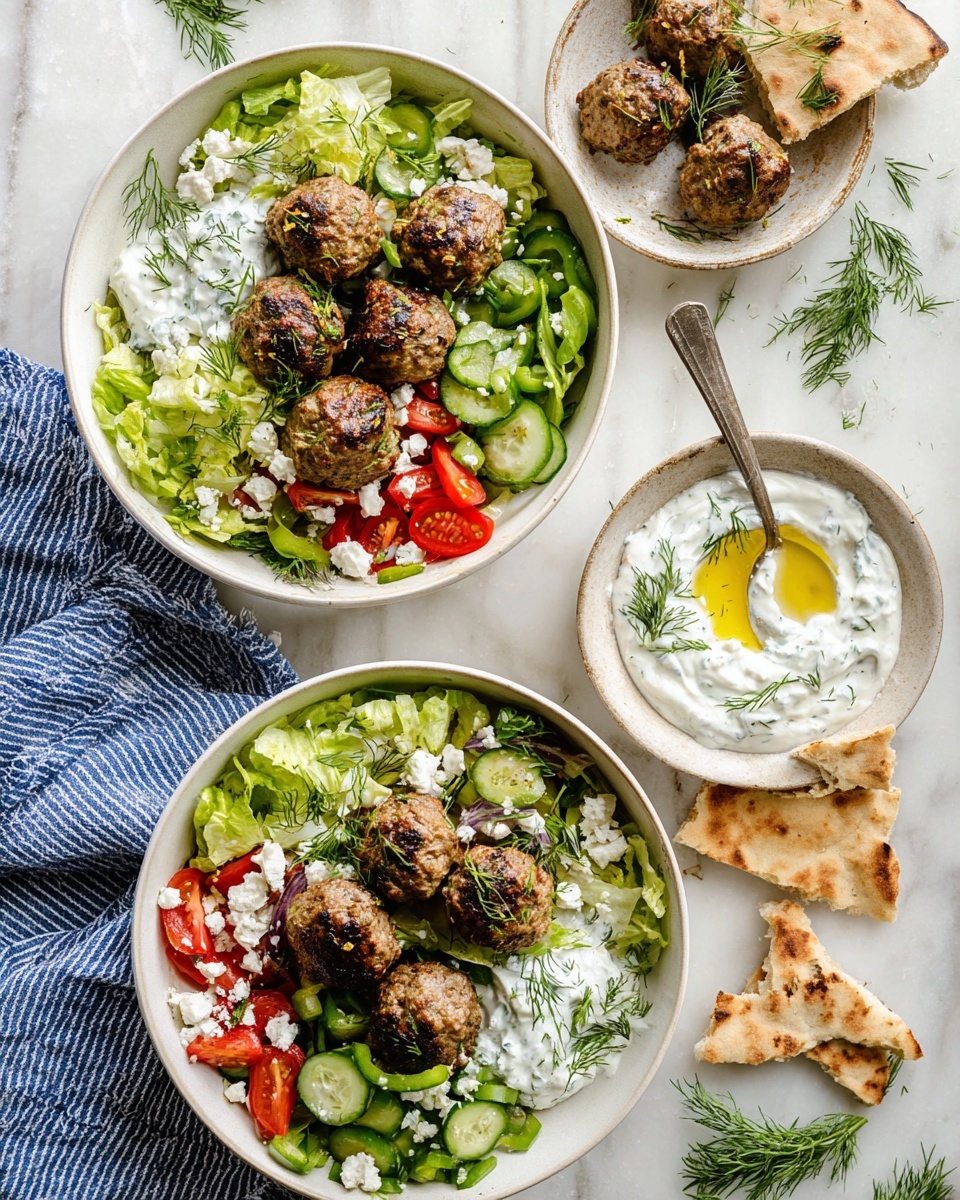 In a white bowl, there are five browned meatballs placed mostly on a bed of green lettuce leaves at the bottom layer. To the right, a thick layer of white creamy yogurt sauce with small green herb pieces and a drizzle of olive oil is visible. Above and to the left of the sauce are slices of red tomatoes and green cucumber pieces, mixed with green and dark purple olives. Small white crumbled cheese is sprinkled over the top of the salad and meatballs, along with fresh green dill and mint leaves scattered around. A piece of light brown pita bread leans on the right edge of the bowl, and a silver fork sits on the bottom left side, resting on a blue and white striped cloth. The bowl is resting on a white marbled surface. photo taken with an iphone --ar 4:5 --v 7