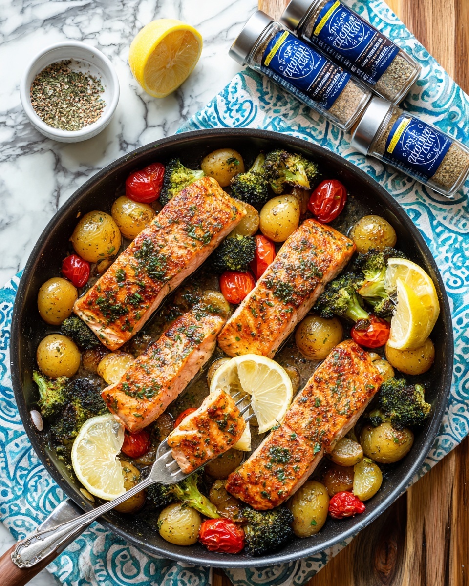A round black pan filled with four pieces of cooked salmon fillets seasoned with herbs, placed evenly around the pan. Scattered between the salmon are small red and yellow cherry tomatoes, yellow and red small potatoes, and bright green broccoli florets, all cooked and mixed together. Two slices of lemon rest near the top left salmon piece. Above the pan, two spice jars with blue and white labels are lying near a blue and white patterned cloth, and to the left side, a white bowl holds a pile of mixed seasoning. The entire scene sits on a wooden surface with a white marbled texture visible around the edges. Photo taken with an iphone --ar 4:5 --v 7