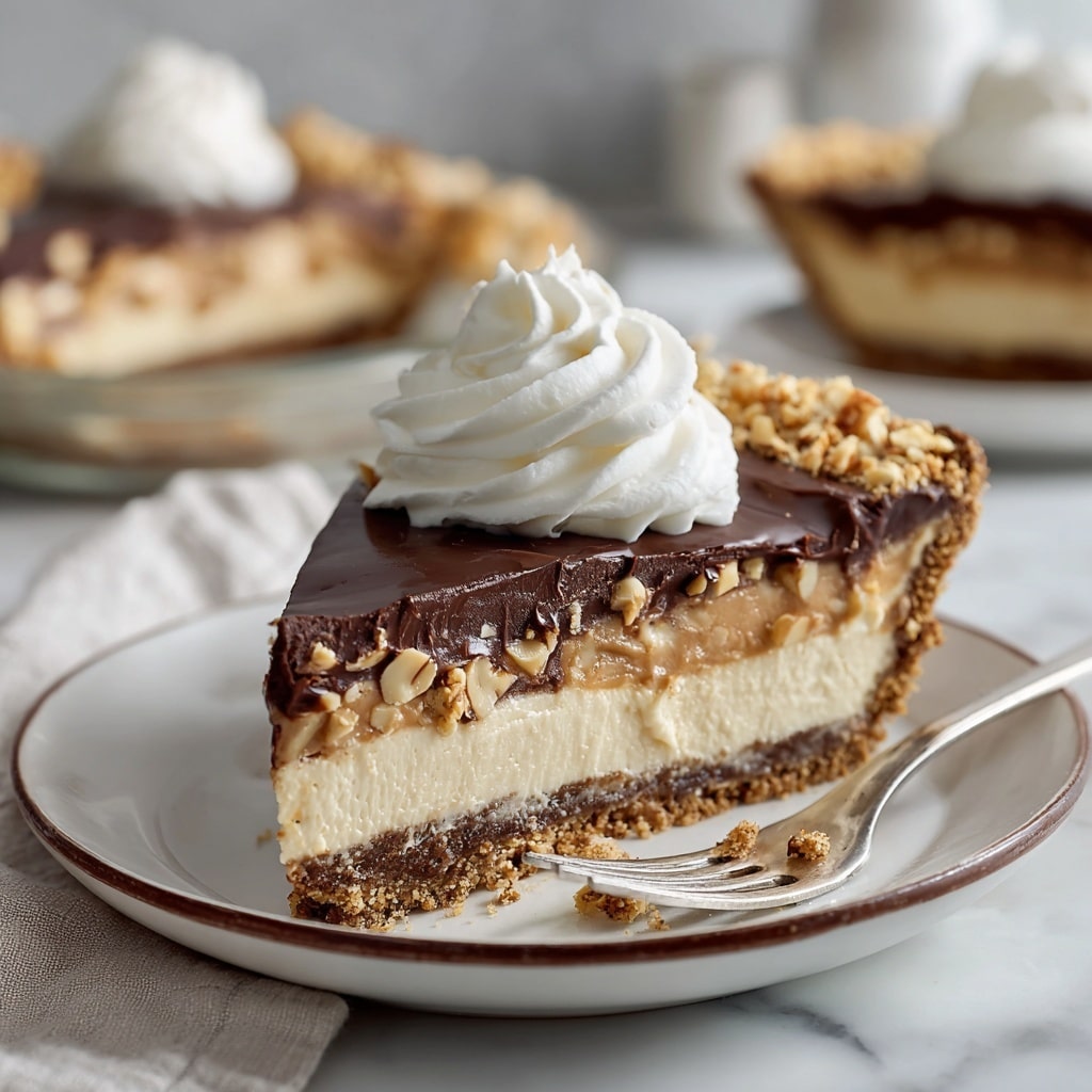 The image shows a slice of pie on a white plate with a thin brown rim, placed on a white marbled surface. The pie has four clear layers: a crumbly dark brown crust at the bottom, a thick light beige creamy layer above it, a nutty layer with pieces of light tan nuts, and a smooth, dark brown chocolate layer on top. A generous dollop of whipped cream, white and fluffy with soft peaks, sits on top of the pie slice. In the blurred background, more pie slices are partially visible. Photo taken with an iphone --ar 4:5 --v 7
