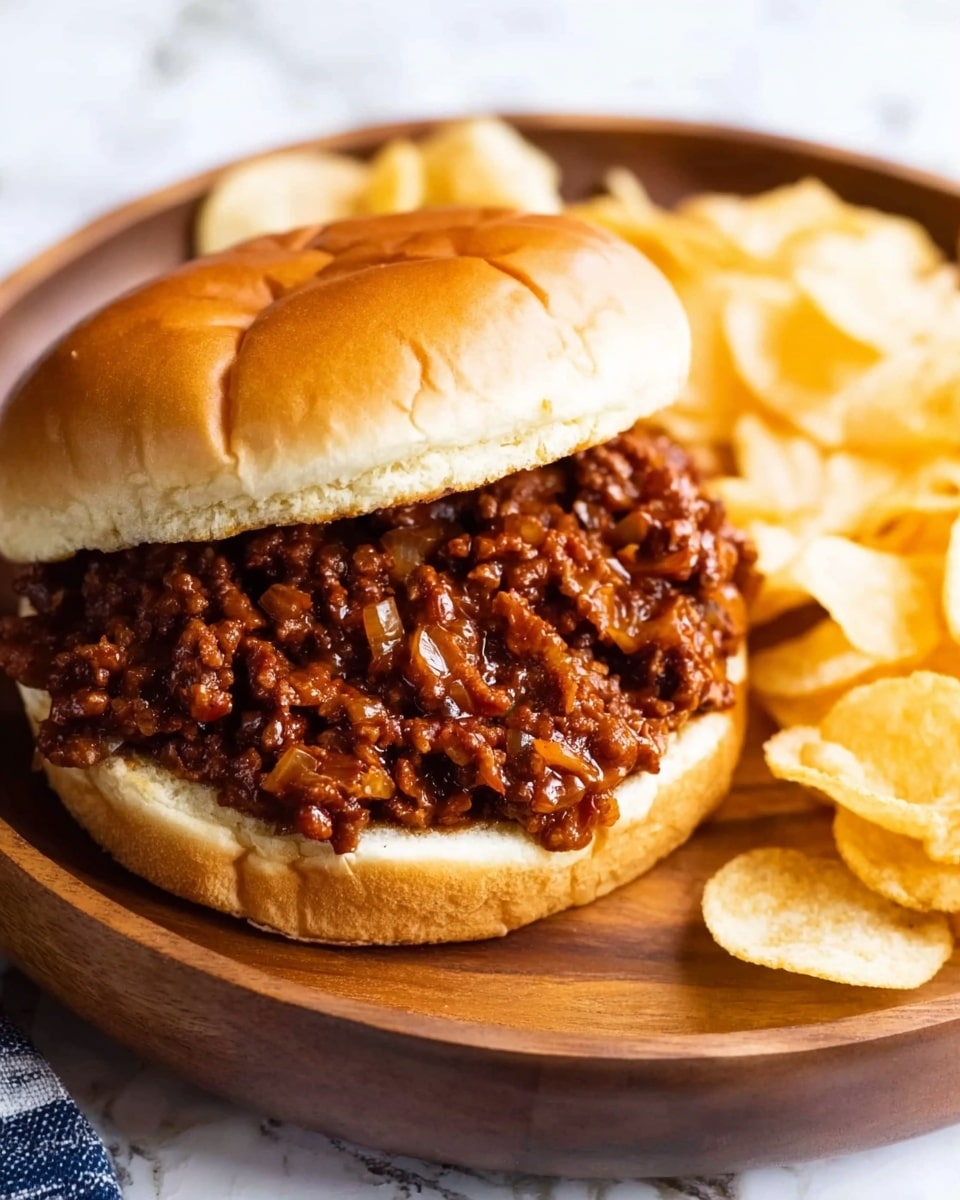 The image shows a sloppy joe sandwich on a soft, shiny light brown bun with loose, saucy ground meat piled thickly on the bottom half of the bun. The meat mixture is dark reddish-brown with visible bits of onions mixed in. The top half of the bun is resting beside the meat. Next to the sandwich, there is a small pile of thin, light yellow potato chips arranged loosely on a round wooden plate. The plate sits on a white marbled surface, and a woman's hand is partially visible holding the plate from the side. Photo taken with an iphone --ar 4:5 --v 7