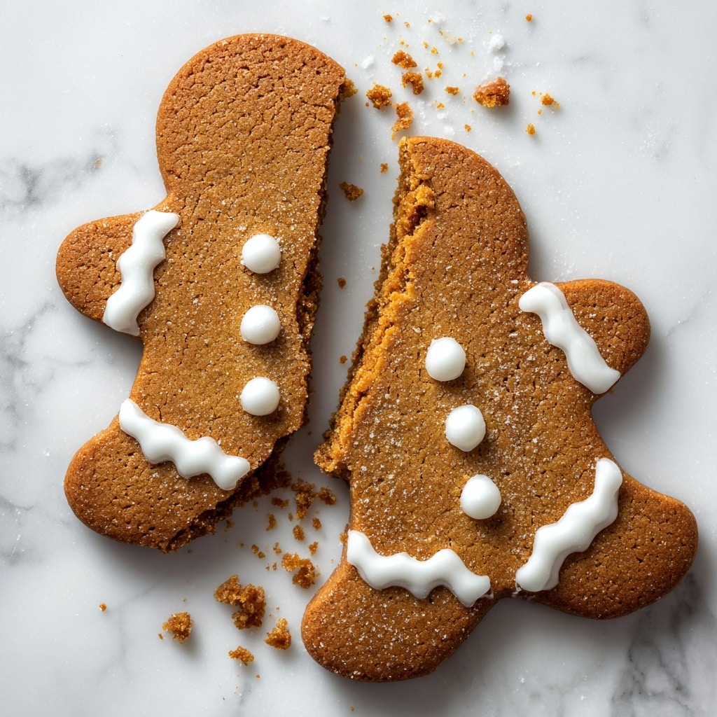 The image shows a close-up of several gingerbread cookies shaped like little people lying flat on a white marbled surface. The cookies have a warm brown color with a rough, soft texture. Each cookie is decorated with white icing details, including dotted eyes, smiling mouths, and wavy lines on their arms and legs. One cookie in the center has a bite taken out of it, showing a darker, crumbly inside layer. Some sugar crystals are scattered on the icing and around the cookies, adding a sparkling touch. photo taken with an iphone --ar 4:5 --v 7
