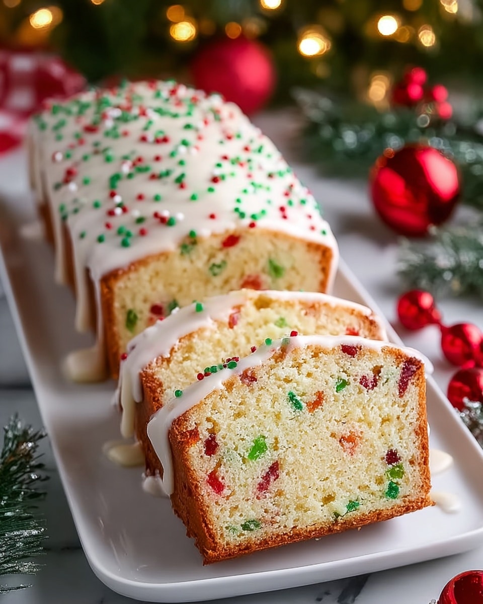 Festive Buttermilk Sprinkle Bread Recipe 6 A rectangular loaf cake is shown sliced to reveal one end piece. The cake has a soft, light yellow interior speckled with colorful red and green bits throughout. The top is covered with a smooth white icing that drips slightly down the sides. Small, round red and green sprinkles are scattered on top of the icing. The cake is placed on a long white plate, sitting on a white marbled surface. In the background, festive Christmas decorations like pine branches, red ornaments, and warm lights softly blur. Photo taken with an iphone --ar 4:5 --v 7