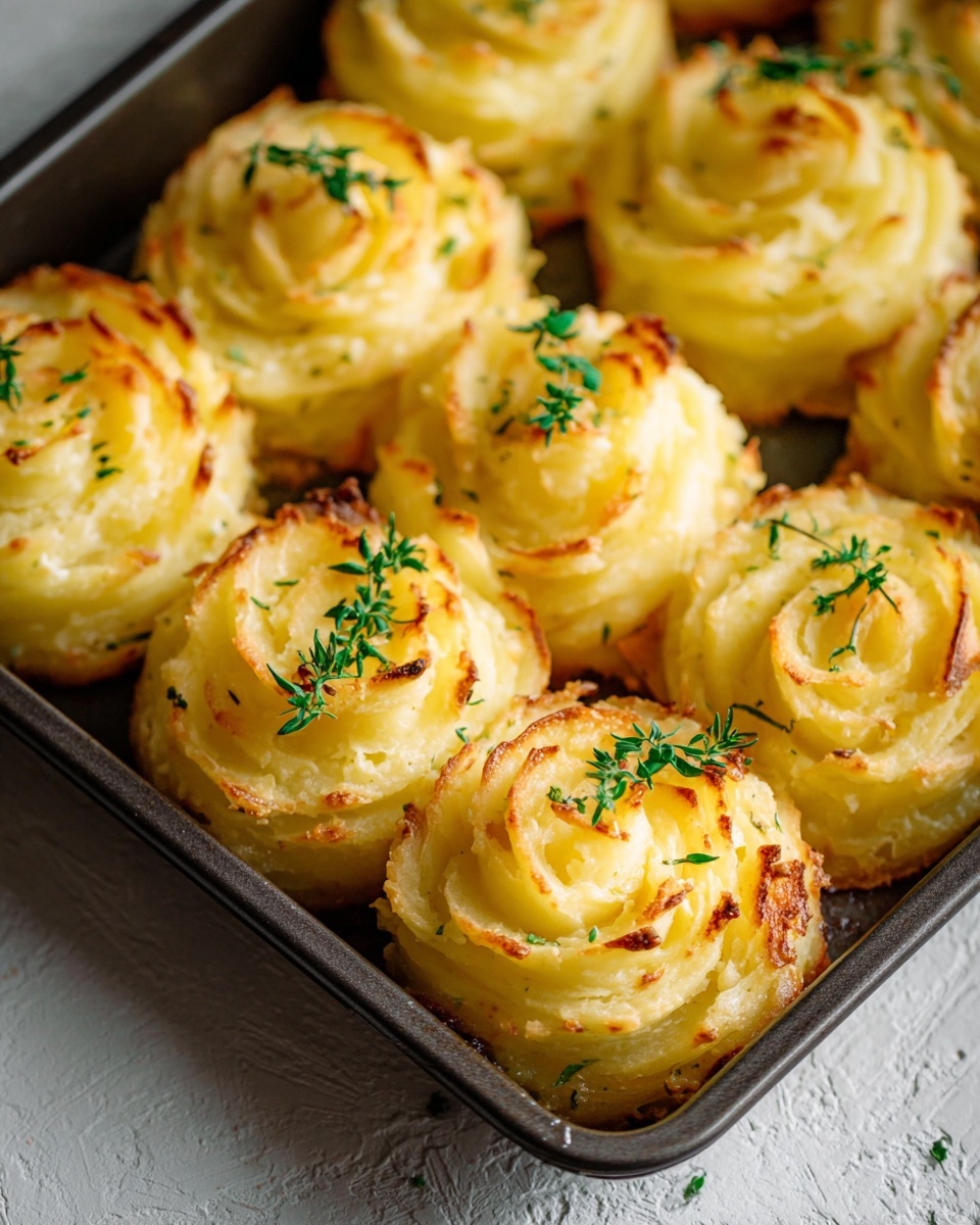 A group of golden mashed potato swirls shaped like roses are arranged closely in a baking tray. Each swirl has a slightly browned top layer with crispy edges, textured with small ridges forming the rose petal shapes. On the top center of each swirl, there is a small sprig of fresh green herb for decoration, creating a contrast with the creamy yellow color of the potatoes. The tray rests on a white marbled textured surface that softly reflects light, adding a clean and bright feeling to the scene. photo taken with an iphone --ar 4:5 --v 7