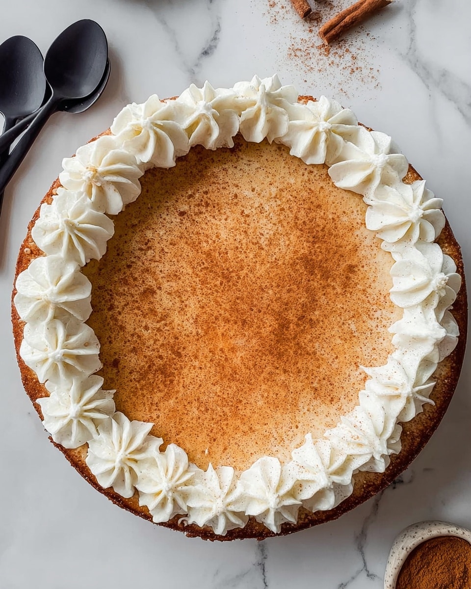 Snickerdoodle Cheesecake Recipe 5 A single slice of cheesecake is shown on a white square plate on a white marbled surface. The cheesecake has two visible layers: a thick, light beige creamy layer on top with a smooth texture, and a thinner, golden brown crumbly crust at the bottom. The top surface of the cheesecake slice is browned and has a light dusting of cinnamon or similar spice. On one side of the slice, there are three swirls of white whipped cream neatly placed along the edge. In the background, there are cinnamon sticks and some scattered cinnamon powder. Photo taken with an iphone --ar 4:5 --v 7