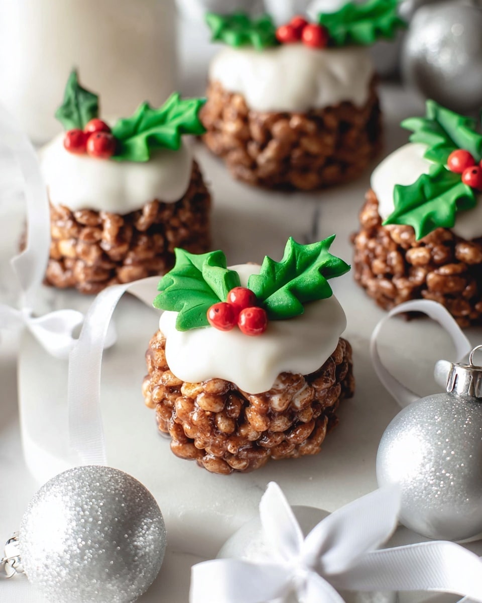 The image shows several round treats made of a clustered, golden-brown cereal base, each topped with a layer of white icing that drips slightly down one side. On top of the icing, there are bright green fondant holly leaves with detailed veins, accompanied by three small, shiny red fondant berries. The treats sit on a white marbled surface, surrounded by silver and white Christmas decorations, including shiny and glittery baubles and a silver cracker with a white ribbon. The overall look is festive with contrasting colors and textures that highlight the holiday theme. photo taken with an iphone --ar 4:5 --v 7