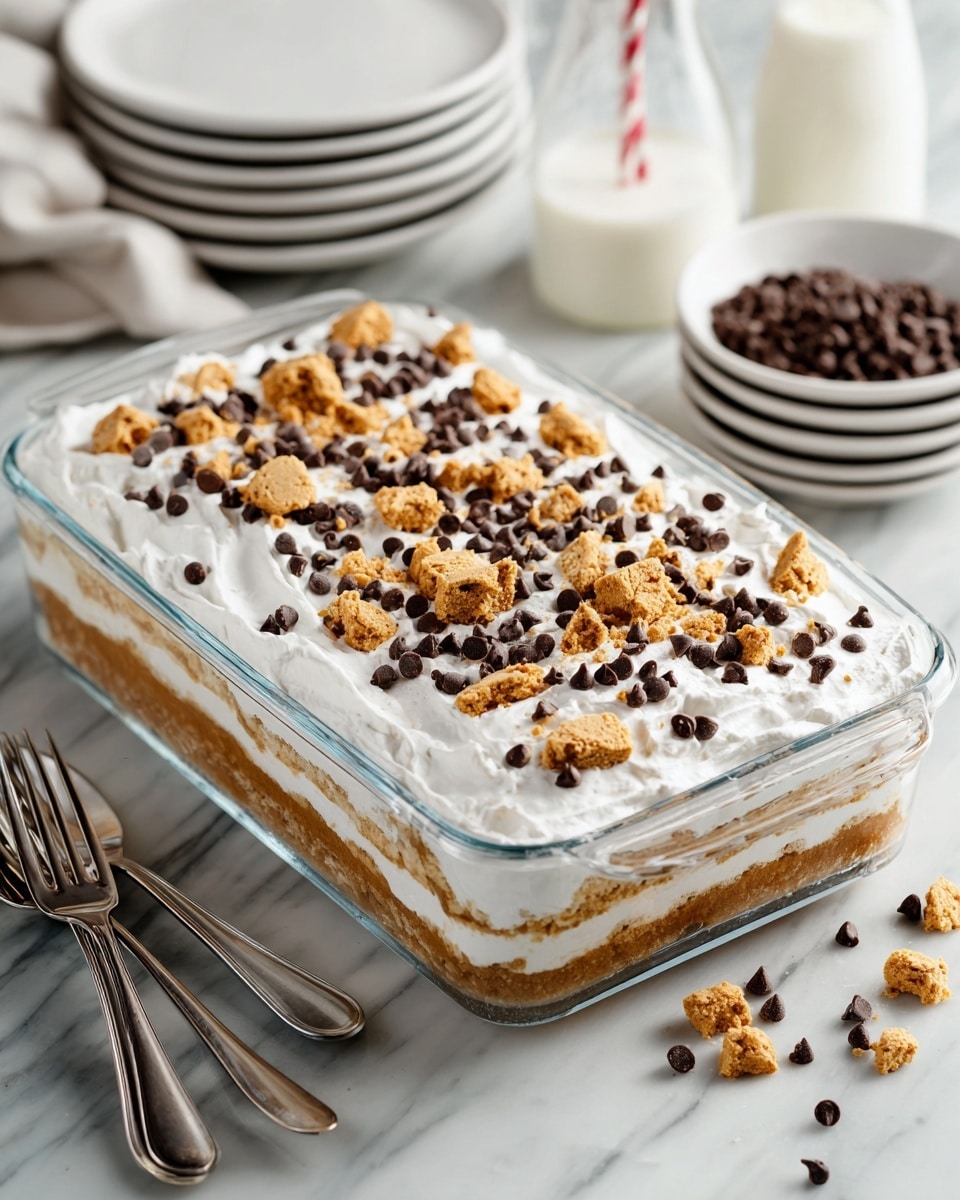 The image shows a square dessert bar in a clear glass baking dish with a white marbled surface underneath. The dessert has three visible layers: a dense light golden brown cookie dough base, a thick middle layer of white creamy frosting, and a top layer covered with broken cookie pieces and small dark chocolate chips scattered evenly. The top is rough with crunchy cookie chunks in different sizes=