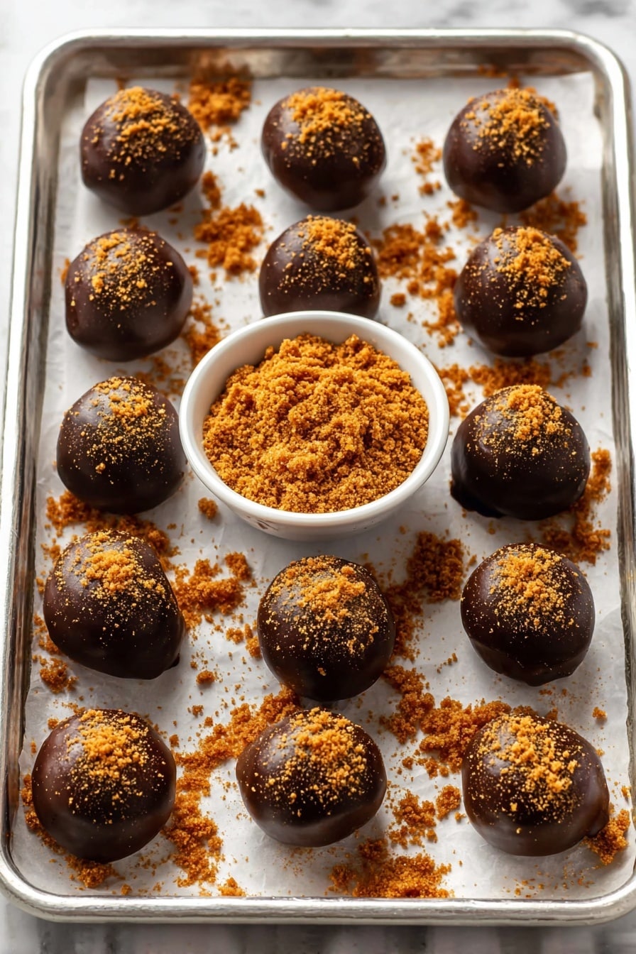 The image shows a silver tray lined with white paper, holding twenty round chocolate-covered balls arranged in five rows. Each ball is coated in smooth, glossy dark chocolate and topped with a sprinkle of fine, orange-brown crumbs. In the center of the tray, there is a small white bowl filled with the same orange-brown crumbs, with some crumbs scattered across the tray surface as well, adding texture and color contrast. The background is a white marbled texture. photo taken with an iphone --ar 2:3 --v 7 - Chocolate Covered Gingerbread Truffles, gingerbread truffles, holiday chocolate treats, festive chocolate desserts, spicy gingerbread candies