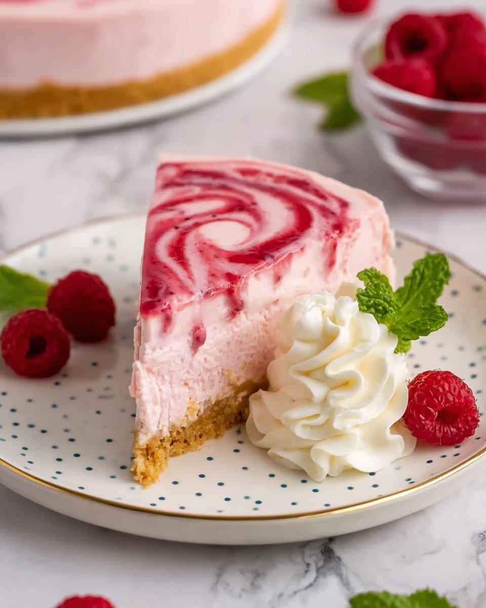 A round dessert with one visible layer, featuring a smooth, light pink creamy base topped with swirling patterns of bright red raspberry sauce spread evenly across the surface. The dessert is placed on a simple white plate, sitting on a white marbled texture. Around the plate, fresh raspberries and green mint leaves are scattered for decoration, alongside a soft light pink cloth in the corner. The image includes a woman's hand holding a small white bowl filled with fresh raspberries above the plate. photo taken with an iphone --ar 4:5 --v 7