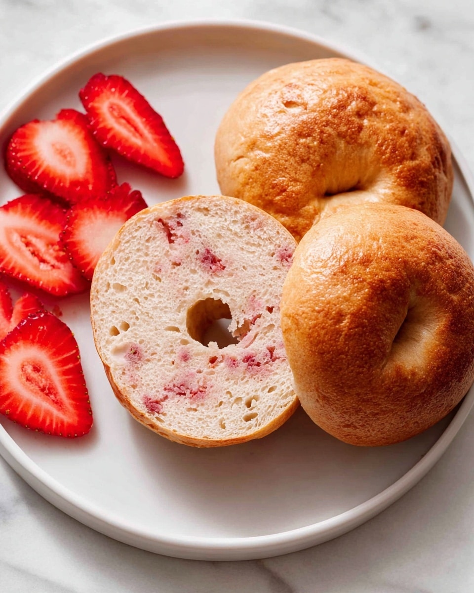 A close-up of a sliced bagel held by a woman's hand, showing one half covered with a thick layer of light pink cream cheese spread evenly, topped with three fresh red strawberry slices arranged on top. The bagel has a toasted golden-brown color with a soft texture, and in the white plate below, whole bagels and additional strawberry pieces are visible on a white marbled surface. The bright red strawberries contrast with the creamy pink spread and warm brown bagel in a fresh and appetizing presentation photo taken with an iphone --ar 4:5 --v 7