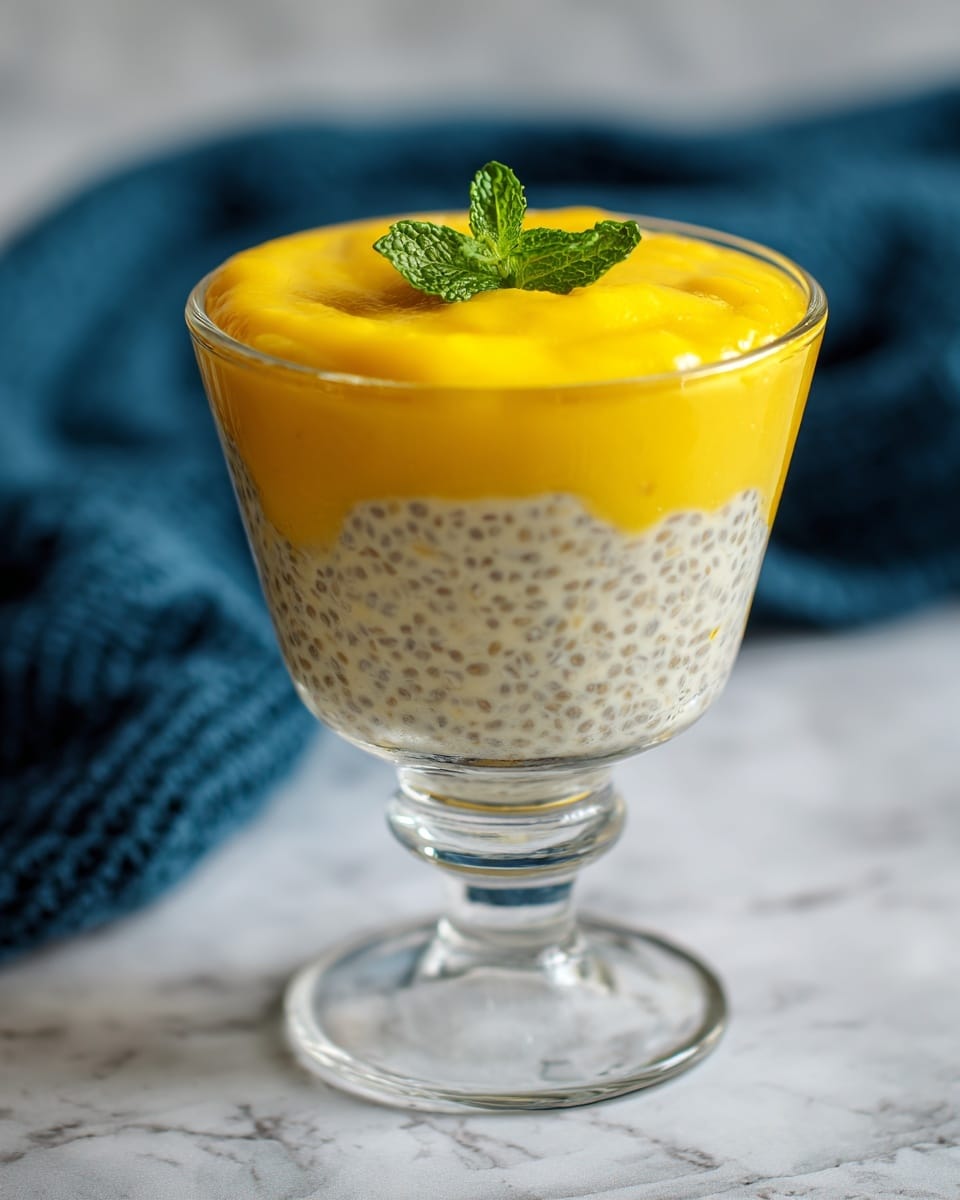 A clear glass dessert cup with a short stem holds a two-layered dish placed on a white marbled surface. The bottom layer is a creamy chia pudding with visible chia seeds throughout, light beige in color with a slightly textured look. On top is a smooth, bright yellow mango puree layer, thick and glossy, evenly spread to cover the chia pudding. A small green mint leaf garnish sits in the center on the mango layer, adding a fresh touch. A blurry dark blue textured cloth is in the background. photo taken with an iphone --ar 4:5 --v 7