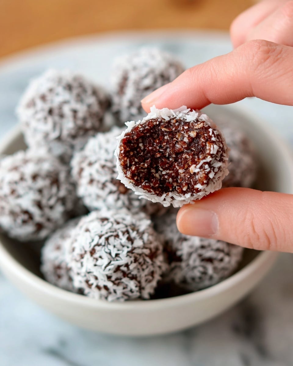 A close-up shows a woman's hand holding a small round chocolate ball coated in white shredded coconut, with a bite taken revealing a dense, dark brown, and slightly textured inside. More chocolate balls covered in white coconut fill a white bowl below, resting on a white marbled surface. The focus is mainly on the held chocolate ball with the background softly blurred. photo taken with an iphone --ar 4:5 --v 7