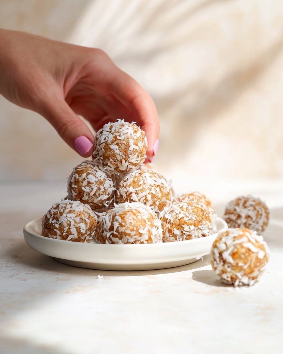 The image shows a pile of round energy balls on a white plate, each ball light brown with white coconut flakes covering its surface. One energy ball is in front on a white marbled surface, sharply focused, showing a rough texture with shredded coconut on it. Another energy ball is close to it on the right side. Above the plate, a woman's hand with pink nails is gently holding one of the energy balls, slightly blurred, highlighting the soft sunlight falling on the scene. The background is light and soft, blending with the tones in the food and surface. Photo taken with an iphone --ar 4:5 --v 7