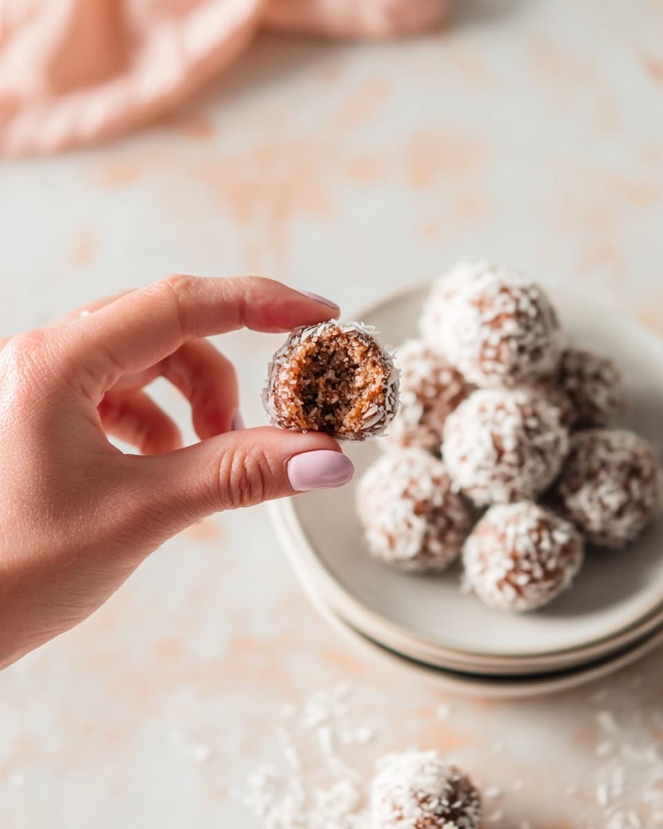 There is a stack of round energy balls on a white plate. Each ball is light brown with small bits inside and covered with white shredded coconut pieces. The balls are piled in a pyramid shape on the plate. The plate sits on another white plate, all placed on a white marbled surface. The background is blurred with soft light coming through. photo taken with an iphone --ar 4:5 --v 7