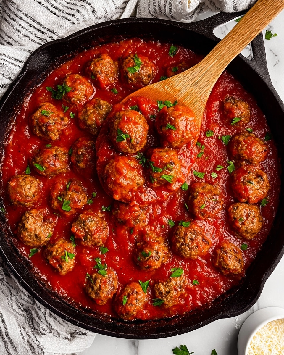 The image shows a black cast iron pan filled with about 20 small brown meatballs partly covered in a thick bright red tomato sauce with visible chunks. Small green parsley pieces are scattered on top of the sauce and meatballs. A wooden spoon holds three meatballs on its rounded head over the pan, with the spoon handle angled out of the pan. The setup is on a white marbled surface with a striped cloth visible in the bottom left corner and a small white bowl with grated cheese in the lower right corner. Photo taken with an iphone --ar 4:5 --v 7