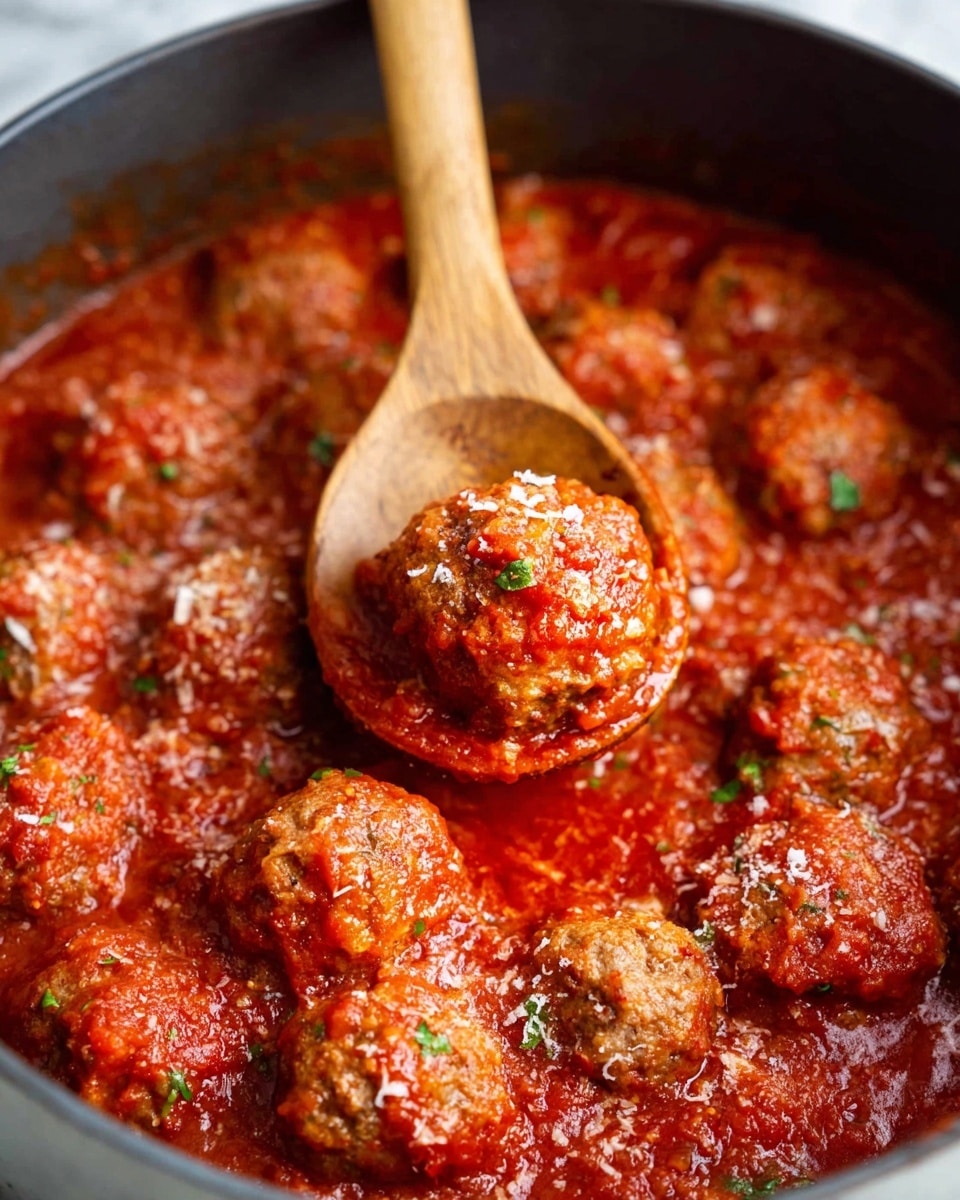 The image shows many round meatballs covered in a thick, bright red tomato sauce inside a pot. The sauce has small bits of herbs and a few pieces of grated cheese sprinkled on top, adding a light texture to the surface. A wooden spoon is lifting one meatball, showing its slightly rough and cooked texture. The meatballs are packed closely together, soaking in the rich sauce that fills the pot, all resting on a white marbled background. photo taken with an iphone --ar 4:5 --v 7
