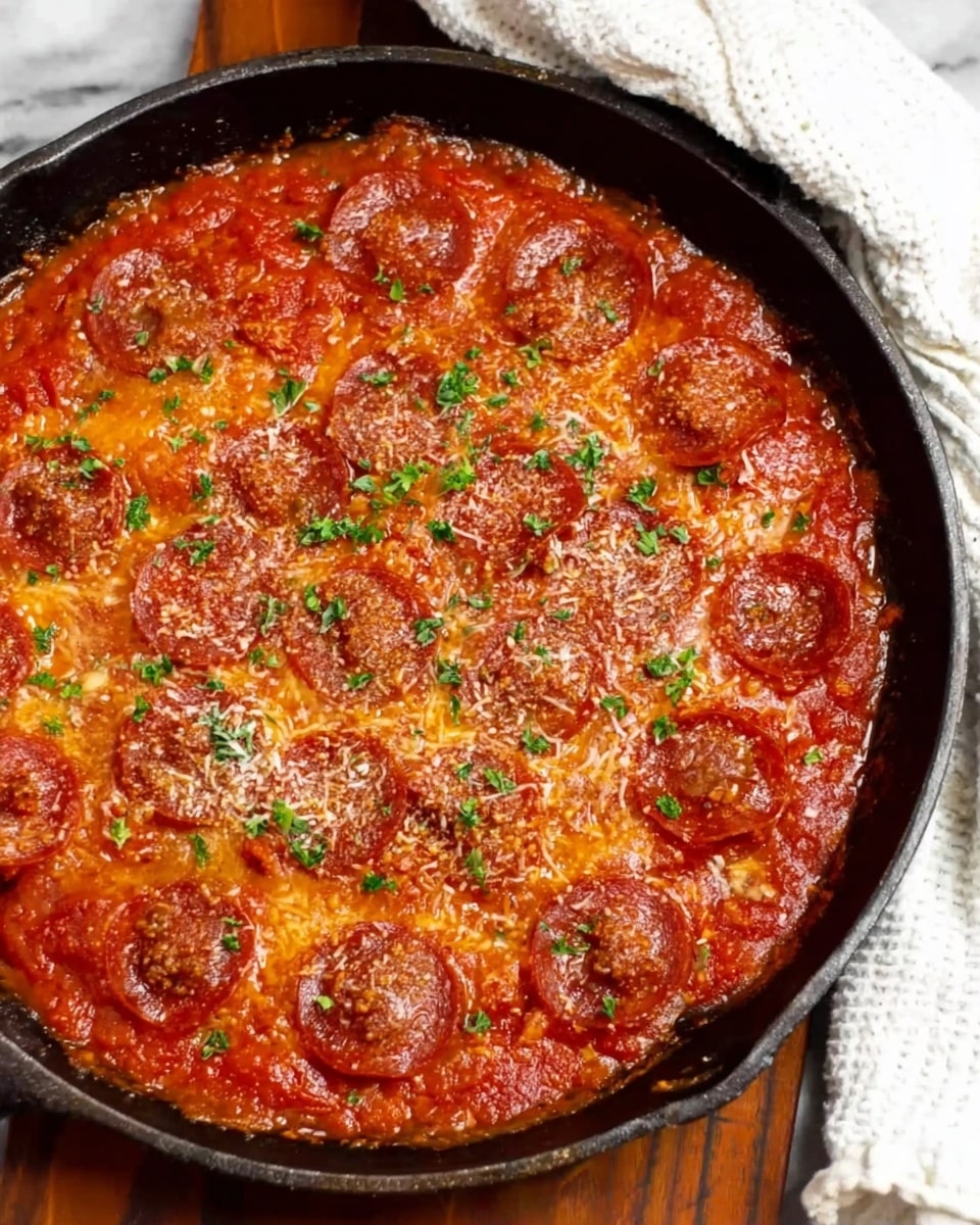A black cast iron skillet filled with a thick layer of red tomato sauce topped with evenly spaced round slices of pepperoni. There is a sprinkle of grated light yellow cheese and bits of green herbs scattered on top. The skillet is partly resting on a wooden surface and partly on a white cloth. The background is a white marbled texture. photo taken with an iphone --ar 4:5 --v 7