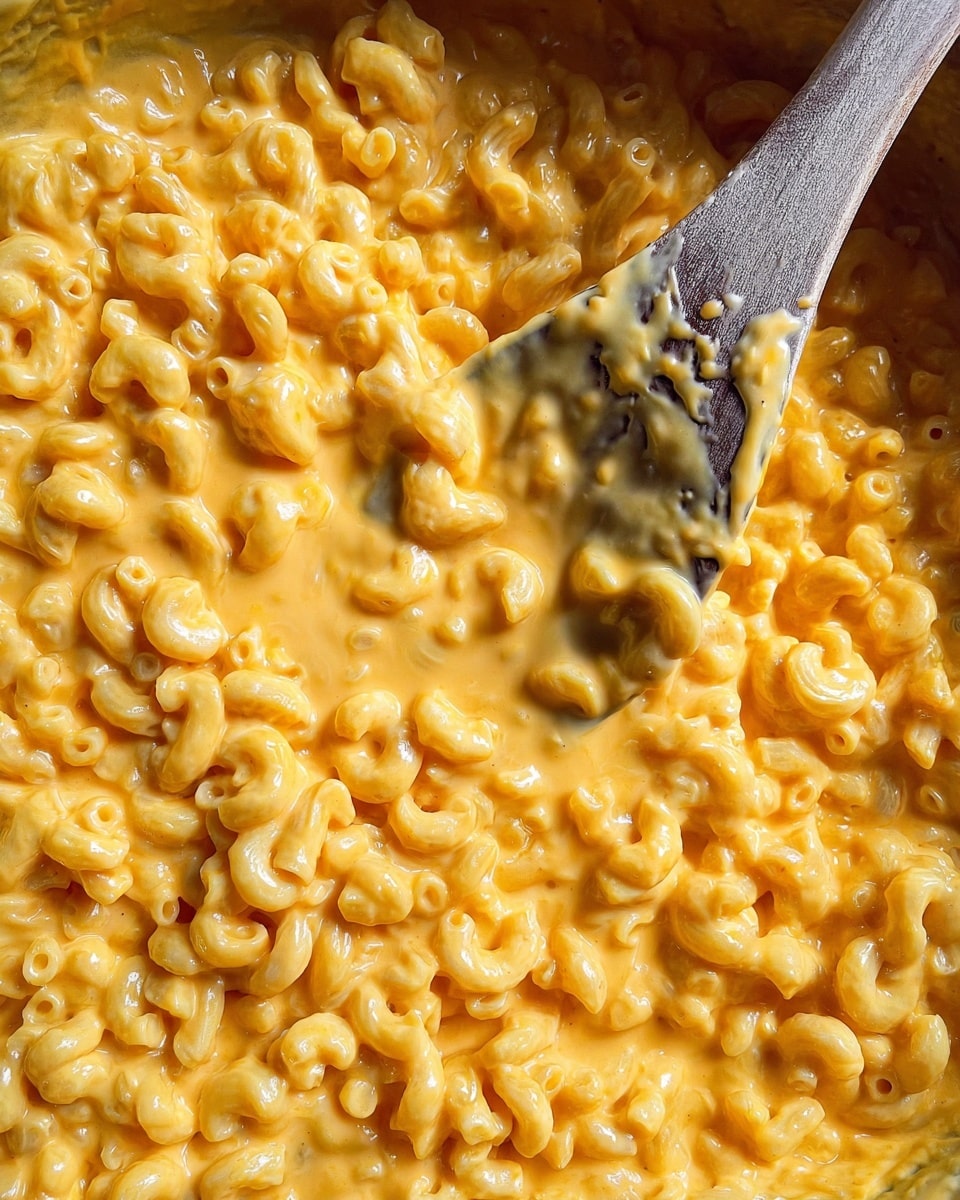 The image shows one layer of elbow macaroni covered in a thick, creamy bright orange cheese sauce, filling the whole view. The macaroni is evenly coated, with small bubbles and a smooth texture on the sauce. A wooden spoon with some sauce on it is placed inside the dish on the left side. The background is a white marbled texture. photo taken with an iphone --ar 4:5 --v 7