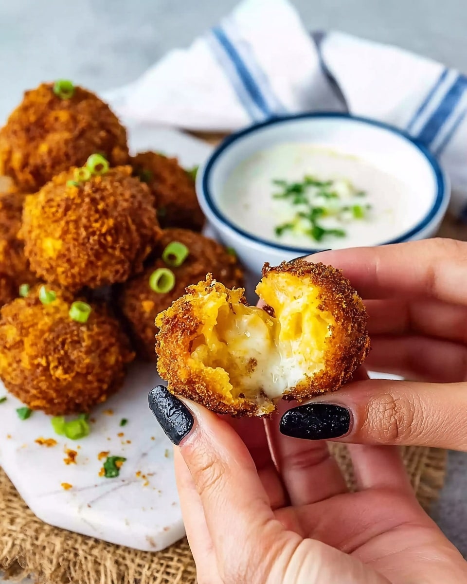 A close-up image shows a woman's hands with black nail polish holding a crispy fried ball broken in half to reveal a soft, creamy, yellow inside. Behind the hands, there are more crispy fried balls resting on a white marbled surface, garnished with small green pieces on top. To the side, a white bowl with a blue rim holds a white dipping sauce topped with green garnishes. A white cloth with blue stripes is faintly shown in the upper background photo taken with an iphone --ar 4:5 --v 7