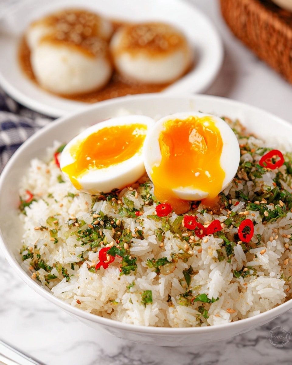 A close-up of a white bowl filled with white rice mixed with green chopped herbs and small slices of red chili peppers, topped with a soft-boiled egg cut in half showing a bright orange runny yolk and slightly firm white. A wooden spoon is held above the bowl by a woman's hand, carrying one half of the egg with a slice of red chili on the spoon. The bowl is placed on a white marbled surface with blurred white tiles and a white container in the background. photo taken with an iphone --ar 4:5 --v 7