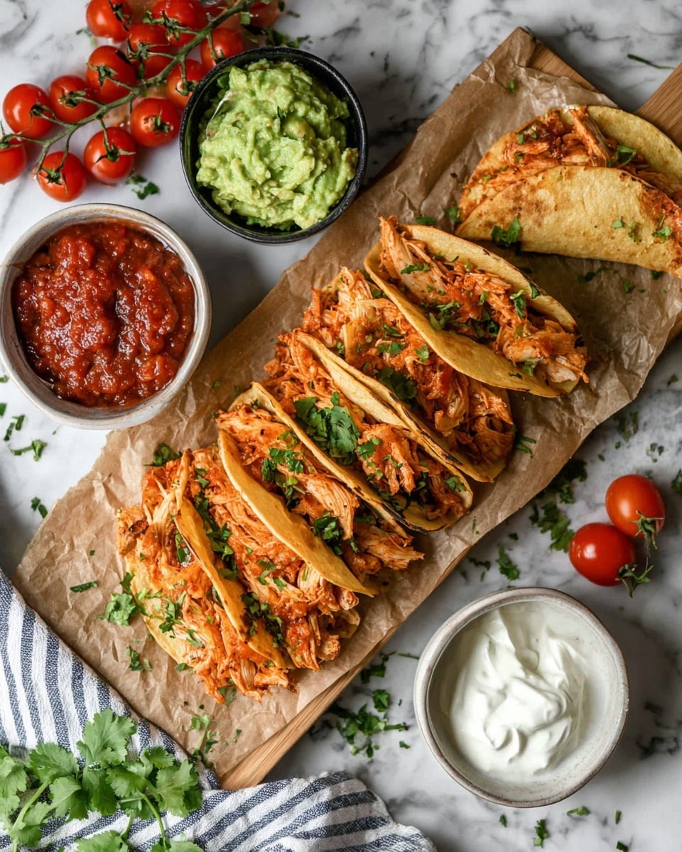The image shows six small folded tacos on a white baking tray lined with brown parchment paper. Each taco has one visible side of golden, crispy tortilla with a slightly bubbled texture, while the open side reveals shredded orange-brown filling that looks like cooked meat mixed with some sauce and melted cheese. The tortillas have a light browned area giving them a toasted look. The tray is on a white marbled surface with a glimpse of a white cloth with black stripes at the bottom right. Photo taken with an iphone --ar 4:5 --v 7
