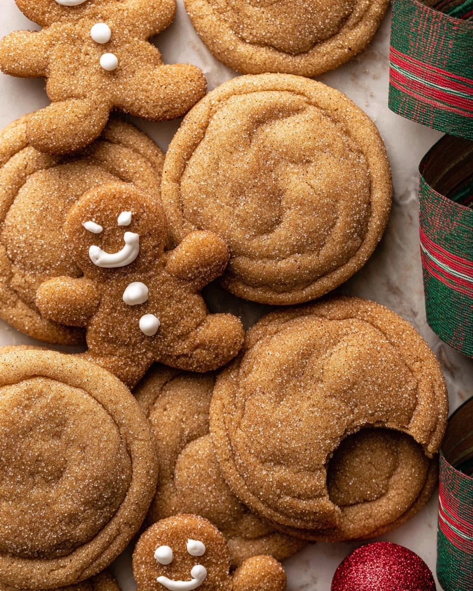 Gingerbread Cheesecake Cookies Recipe 5 The image shows a group of soft brown round cookies with a slightly cracked surface and a light sugar sprinkle, arranged on a white marbled texture. Among the round cookies are small gingerbread men with smooth, darker brown texture decorated with simple white icing for eyes, smile, and buttons, placed on top of the round cookies. One round cookie is missing a bite, revealing a soft inside. There is a green and red plaid ribbon curling gently near the top right, and a small red glittery Christmas ornament near the bottom center among the cookies. photo taken with an iphone --ar 4:5 --v 7