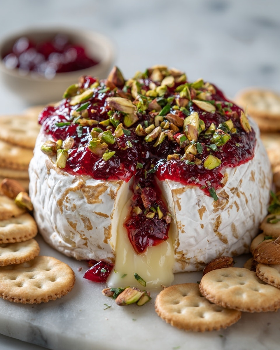 Baked Brie with Cranberry Sauce Recipe 6 A round wheel of soft white cheese with a thick rind sits on a white marbled surface. The cheese wheel is topped with bright red, glossy cranberry sauce spread unevenly, with a sprinkle of mixed chopped nuts including green pistachios and light brown almonds, and small green herb leaves. The cheese oozes a creamy yellow interior that spills out from a cut section, showing a smooth and rich texture. Around the cheese, there are many round light beige crackers arranged in a scattered manner. A small bowl with more red cranberry sauce is visible in the background. photo taken with an iphone --ar 4:5 --v 7