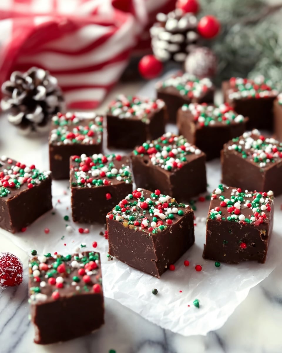 Festive Christmas Chocolate Fudge Recipe 6 The image shows many square pieces of dark brown fudge, each topped with small red, green, and white sprinkles. The fudge pieces are thick and smooth with sharp edges and appear soft. They are placed close together on a white marbled surface covered with white parchment paper. In the background, there is a red and white striped cloth and a small bunch of pine cones and berries with a snowy look. Photo taken with an iphone --ar 4:5 --v 7