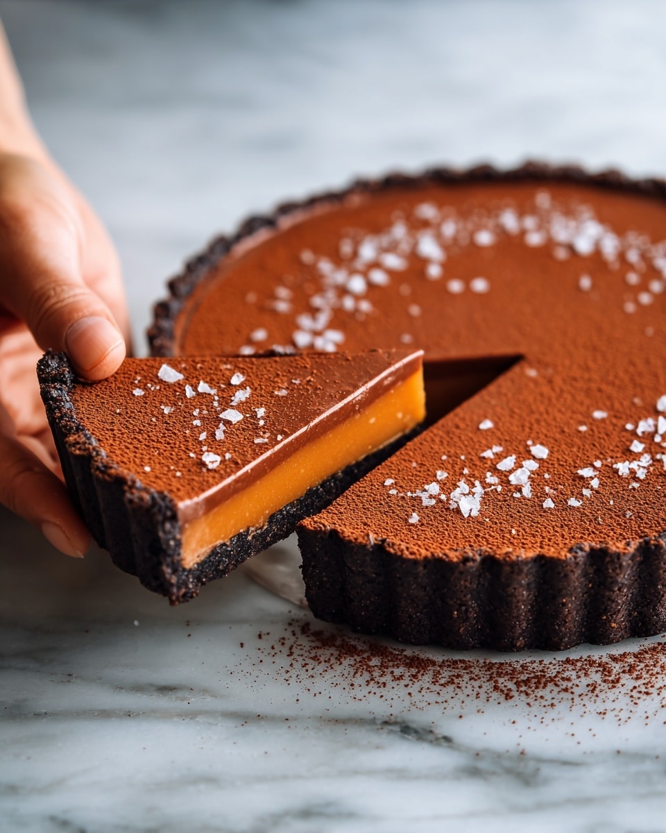 Salted Caramel Chocolate Tart Recipe 5 A chocolate tart with three clear layers is shown on a white marbled surface. The top layer is a smooth, dark brown chocolate with a shiny texture, dusted with a fine, light brown cocoa powder and a few scattered flakes of white sea salt. Beneath this is a bright orange caramel layer that looks thick and slightly sticky. The bottom layer is a dark, crumbly chocolate crust holding the tart together. A woman's hand is gently lifting a slice from the tart, showing the clean separation of the layers inside, with the shiny chocolate top reflecting light softly. Photo taken with an iphone --ar 4:5 --v 7