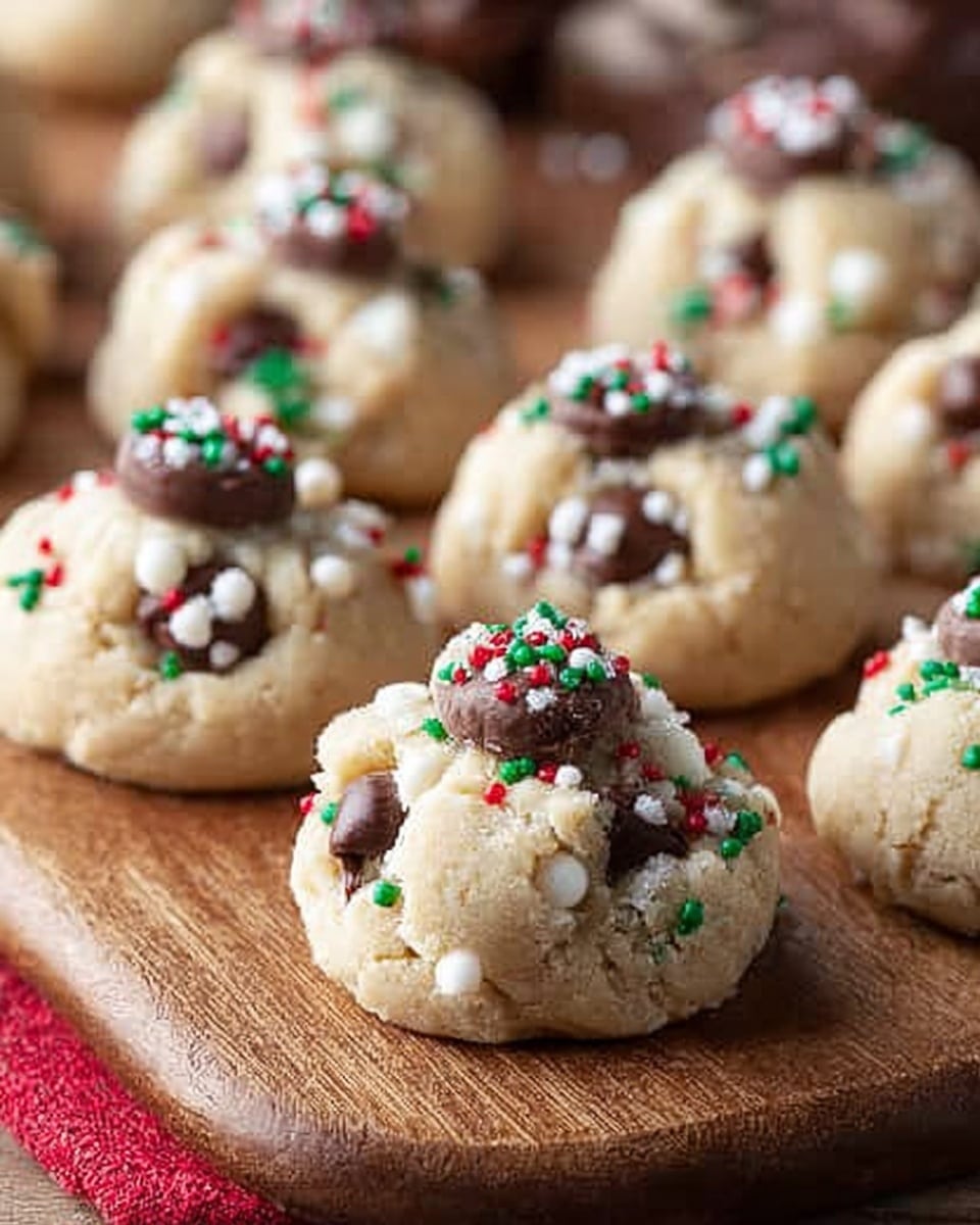 The image shows round cookies with a soft, light brown dough base speckled with dark and white chips inside. Each cookie is decorated on top with small, round sprinkles in red, green, and white, adding a festive look. The cookies sit on a warm brown wooden board with a slightly textured surface. The focus is on the front cookie, while the others blur softly in the background, placed diagonally across the board. There are some loose sprinkles scattered around the wooden board. photo taken with an iphone --ar 4:5 --v 7