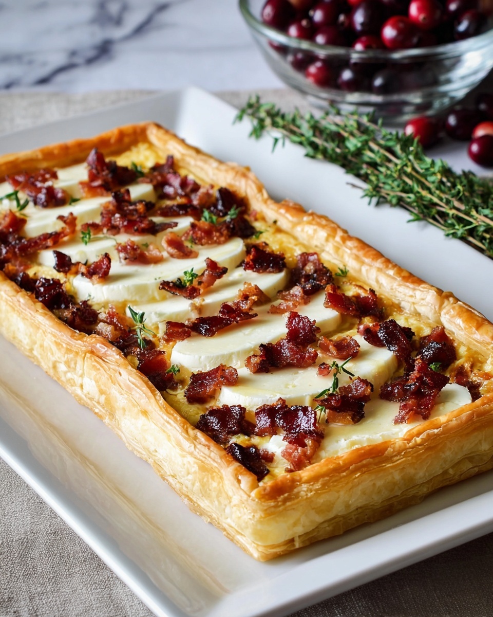 The image shows a rectangular puff pastry tart on a white plate placed on a white marbled surface. The tart has a golden, flaky crust that forms the base and the edges, which are slightly raised. Inside the crust, there is a layer of dark red berry filling that looks thick and rich. On top of the berry layer, five rectangular slices of soft, pale yellow cheese with white rinds are evenly spaced across the tart. Scattered over the cheese are small pieces of cooked, brown, crispy bacon bits and small green herb leaves, adding texture and color contrast. In the background, there are sprigs of fresh green thyme and a red cloth. Photo taken with an iphone --ar 4:5 --v 7
